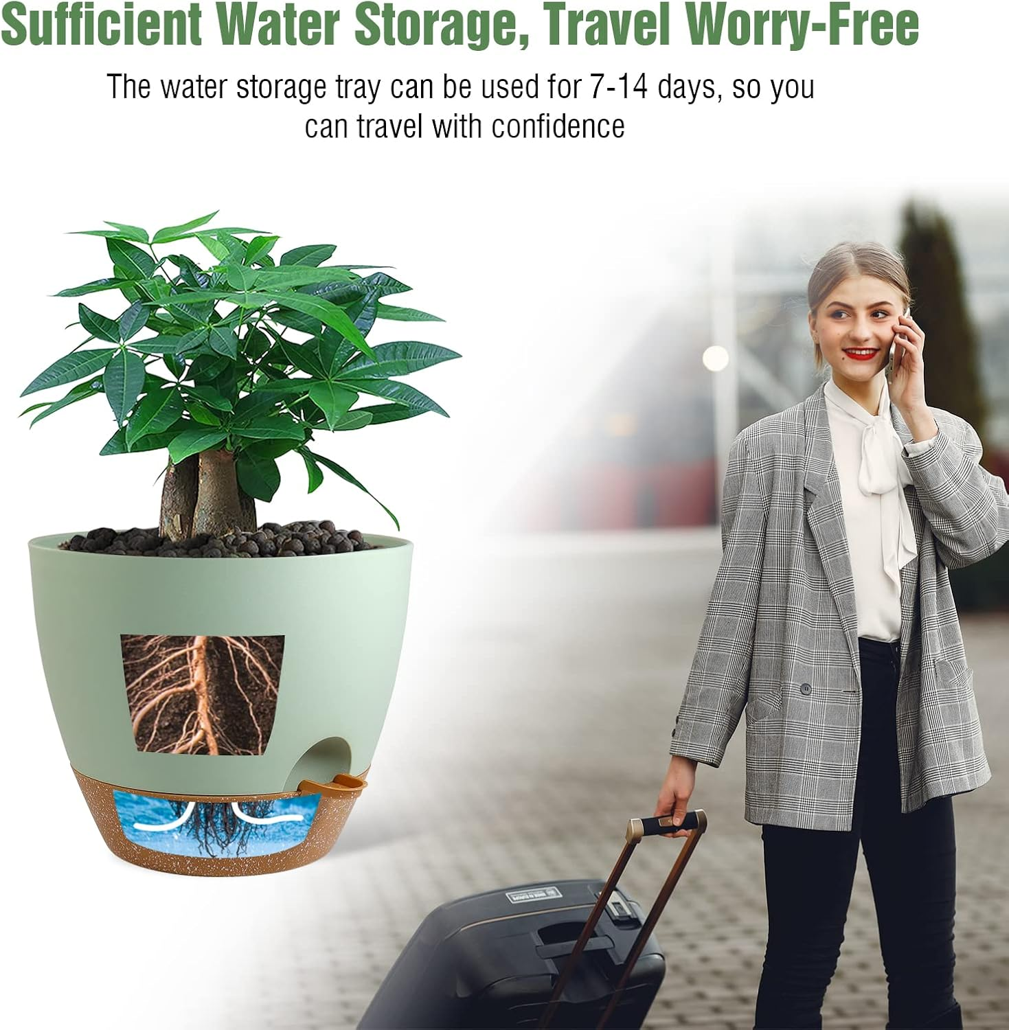 12 Inch Large Self Watering Pots, Plastic Planters with 60Oz Removable Deep Reservoir and Multi Mesh Drainage Holes for Indoor Outdoor Garden Plants and Flowers, Green with Brown - Black With Brown image number 2