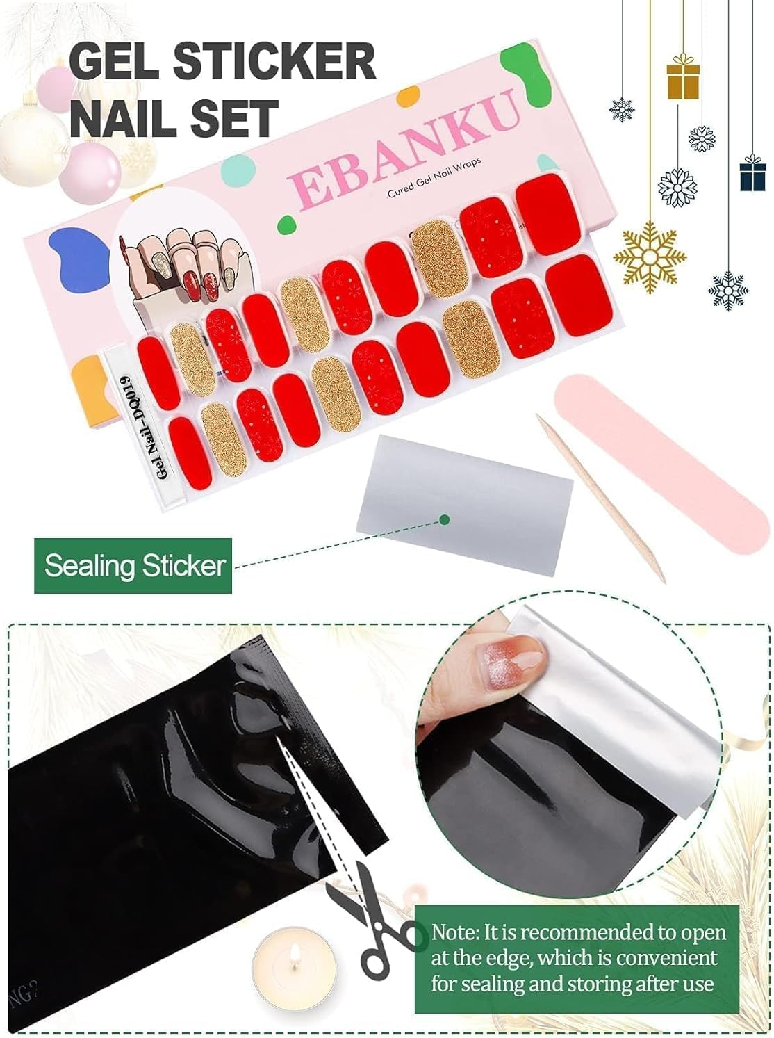 EBANKU Christmas Gel Nail Strips, Golden Red Gel Polish Strips - Long Lasting, Waterproof Full Nail Wraps - Includes Stick, File, Wipes & Sealing (UV/LED Lamp Required) - Golden  Red image number 5