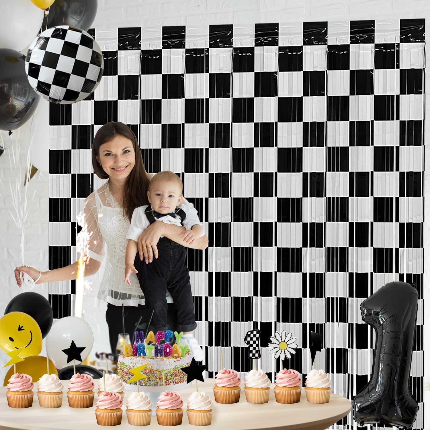 Race Car Foil Fringe Curtains Backdrop Birthday Party Decorations, 2 Pack 3.28 X 6.56 Ft Black White Foil Fringe Curtain Photo Booth Props Cars Lightning Fast Wheels One Happy Dude Party Decorations image number 3