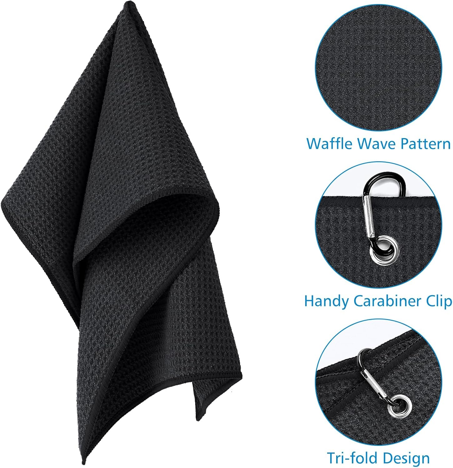 [3 Pack]Microfiber Golf Towels (40X40Cm) with Carabiner Clip & Hook, Convenient Golf Cleaning Towel, Waffle Pattern Tri-Fold Handy Picks Towel (Black+Blue+Gray) - Blue+Blue+Blue image number 4