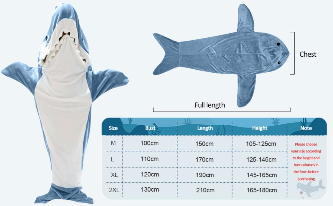 Blue Shark Hooded Blanket Hoodie for Adult Kids, Cozy Soft Flannel Fleece Jumpsuit Costume, Shark Onesie, Wearable Blanket, Animal Blanket with Feet (Blue Shark, M) image number 1