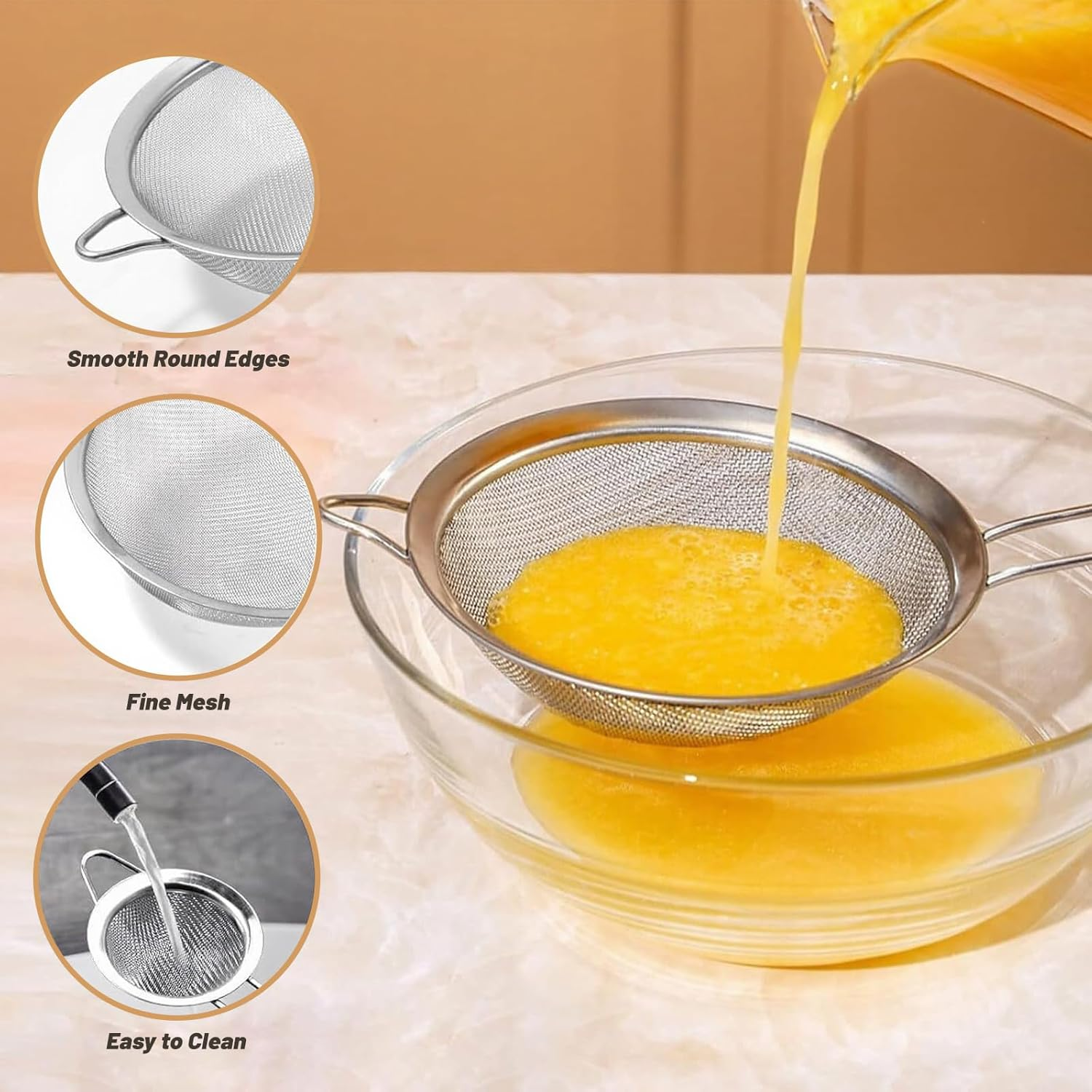 Billord Fine Mesh Strainer - Set of 4 Food Colanders, Premium Stainless Steel Sieve Strainers with Sturdy Handle, Mini Small Medium Large Size Sifters for Kitchen, Rice, Juice, Food,Pasta,Flour,Baking