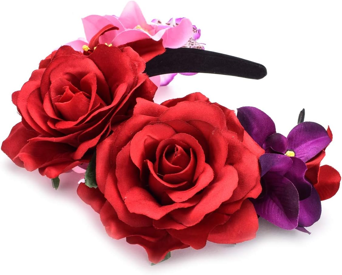 Merroyal Halloween Flower Crown Headband Party Costume Dia De Los Muertos Day of the Dead Headpiece, Red Purple Pink, One Size image number 1