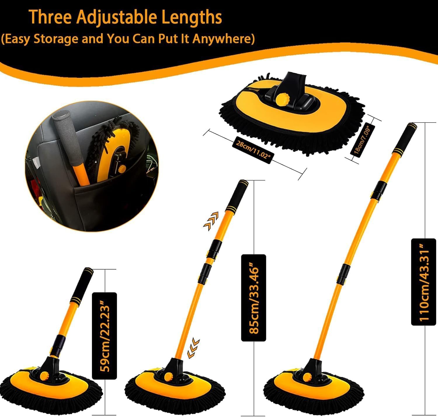 Mumoo Bear 15&deg; Curved Car Cleaning Brush with Telescopic Handle 43" Aluminum Alloy Long Rod Wash Mop for Washing Caravan Van Truck Boat RV Roof Soft Chenille Head Duster Clean Product Scratch Free image number 6