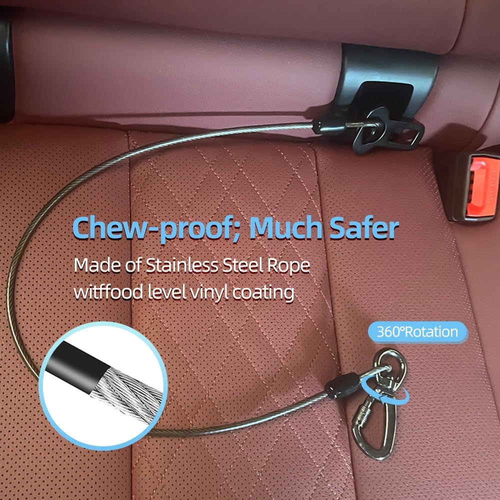 Miaochuai 3-In-1 Dog Car Seat Belt Harness | Chew-Proof Steel Cable Leash with Heavy-Duty Buckle & Clip | Car Safety Restraint for Small, Medium, Large Dogs (Black, 16 Inch/40 CM) image number 1