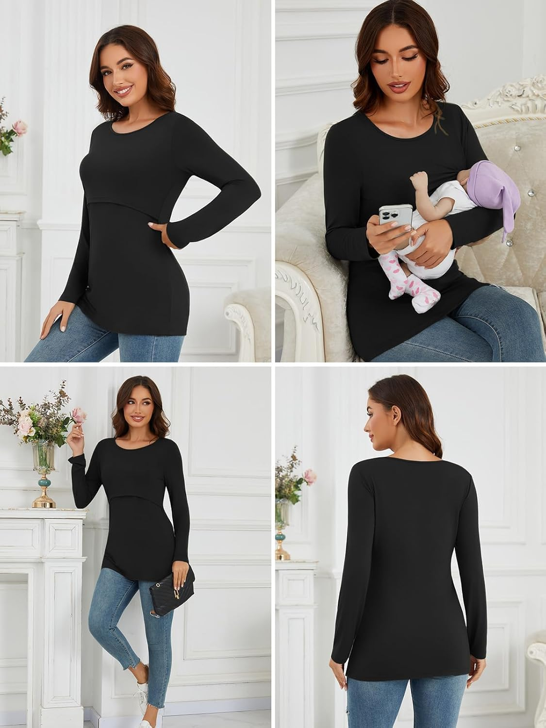 Liu & Qu 4-Pack Womens Nursing Tops Long Sleeve Breastfeeding Shirts Double Layer Fall Maternity Clothes image number 6