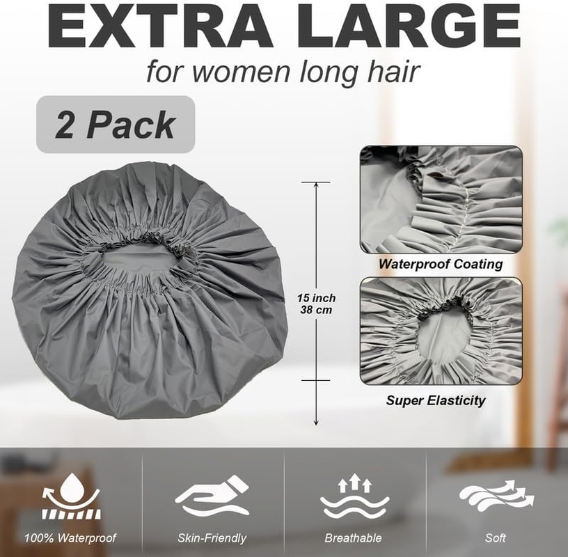 2 Packs Large Waterproof Shower Cap for Long Hair, Reusable Jumbo Shower Bonnets, Shower Head Cover for Locs, Curly, Baids & Wigs, XL Size Hair Cap for Spa Home Salon Use (Grey) image number 1