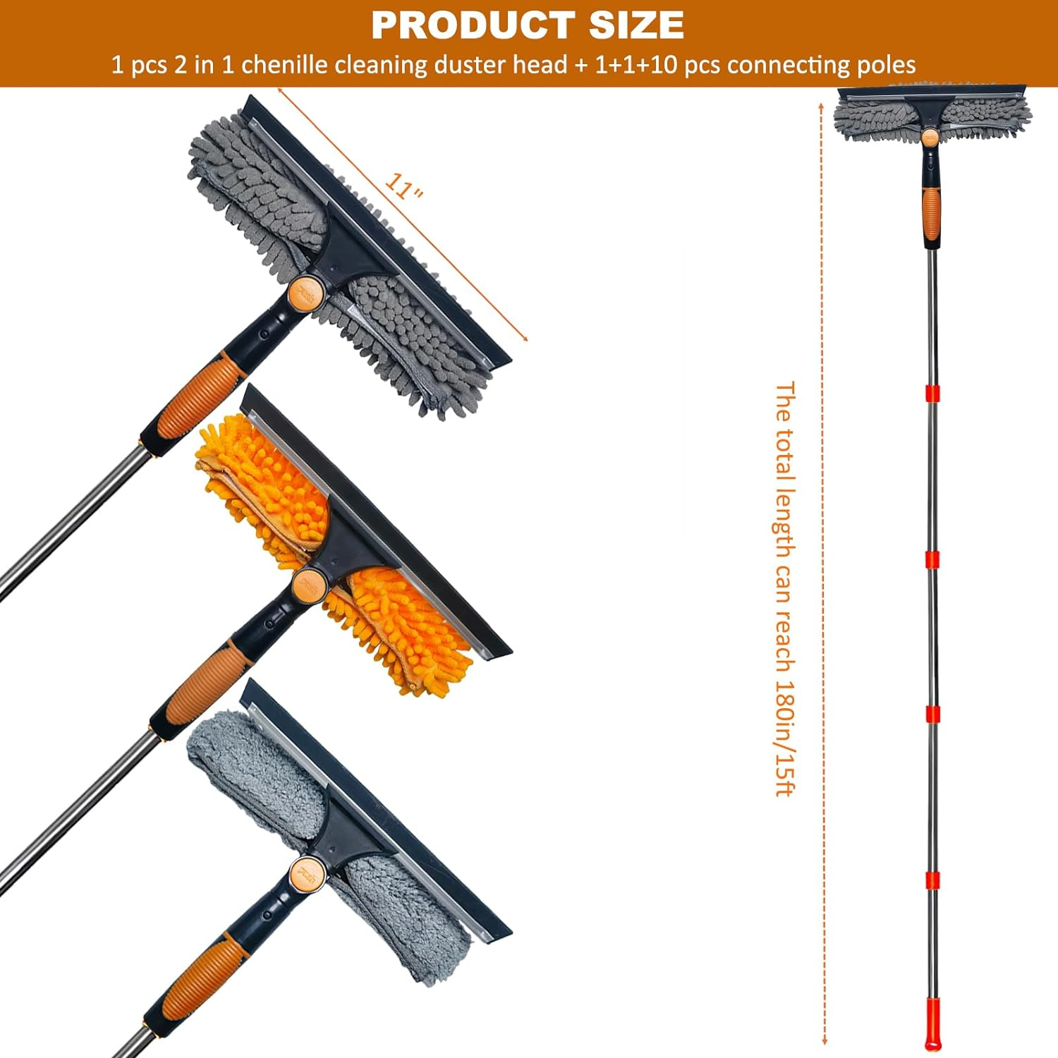 20 Ft+ Reach Squeegee Cleaner Duster 2 in 1 Rotatable Window Cleaning Tool Kit with 3-14 Ft Extension Pole, Washing Equipment for Indoor Outdoor Glass Car - 3 Pads image number 5