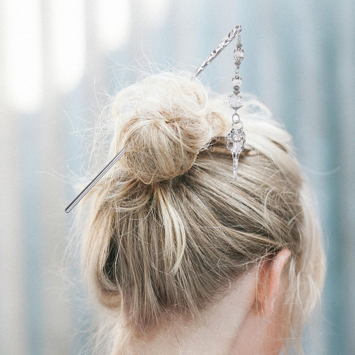 CHGCRAFT 2Pcs 2 Colors Bird Skull Hairpin Alloy Glass Hair Sticks Accessories Hair Sticks Buns for Woman, Silver and Golden, 10.6Inch image number 5