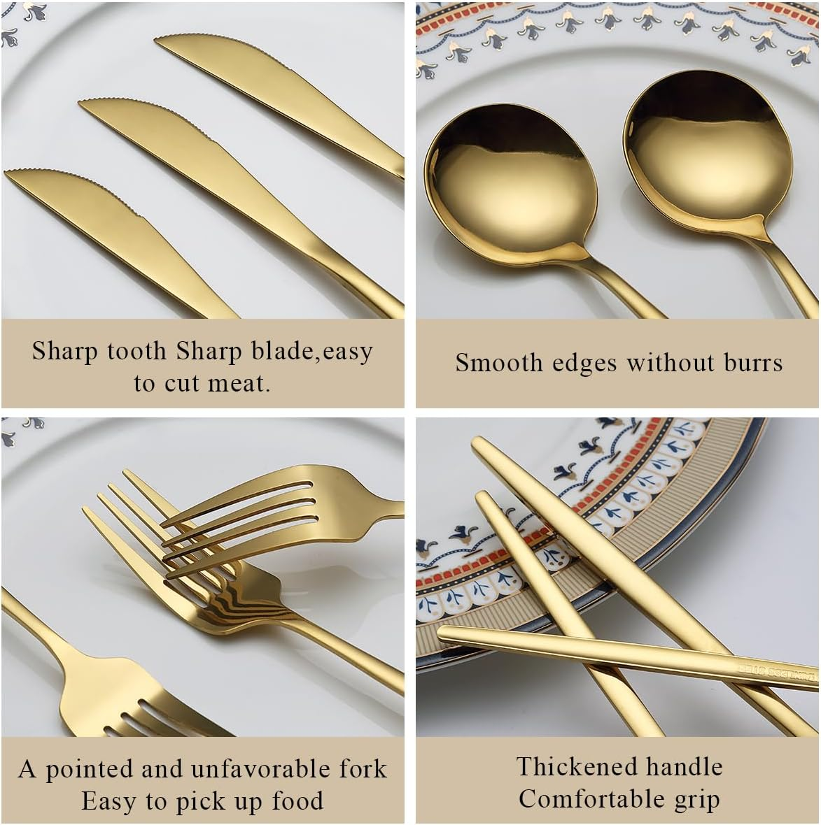 Evanda Gold Cutlery Set 60 Piece Service for 20, Titanium Gold Plated Stainless Steel Flatware Set, Knives Forks Spoons Cutlery Set for Wedding, Parties, Birthday, Restauroom, Dishwasher Safe image number 6