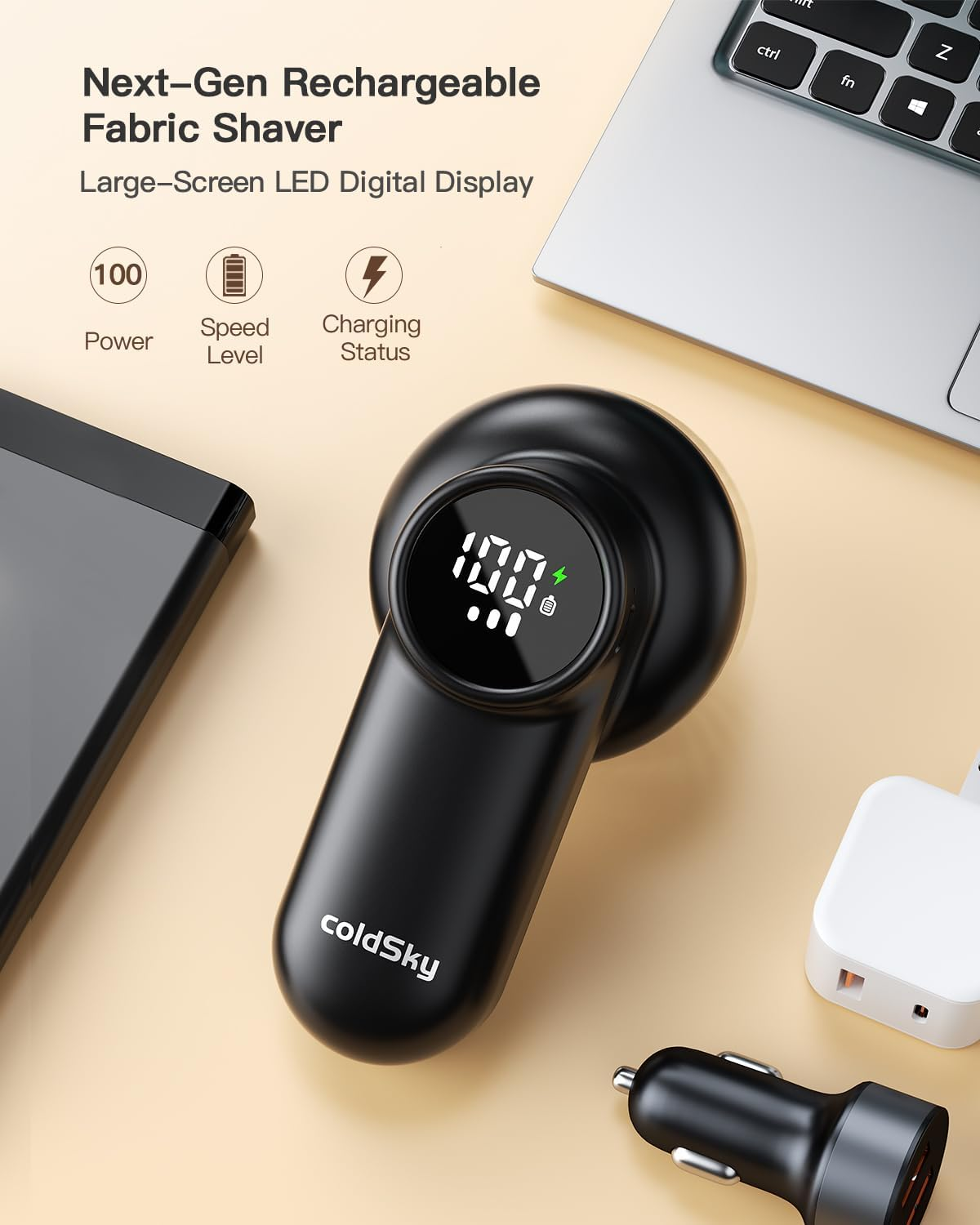 Coldsky Rechargeable Fabric Shaver, Lint Shaver with Digital Display, Sweater Shaver with 6-Leaf Blades and Safety Lock, 3-Speeds Defuzzer Remove Fuzz, Pills from Clothes, Furniture, Sofa, Blanket - Dark Gray image number 2