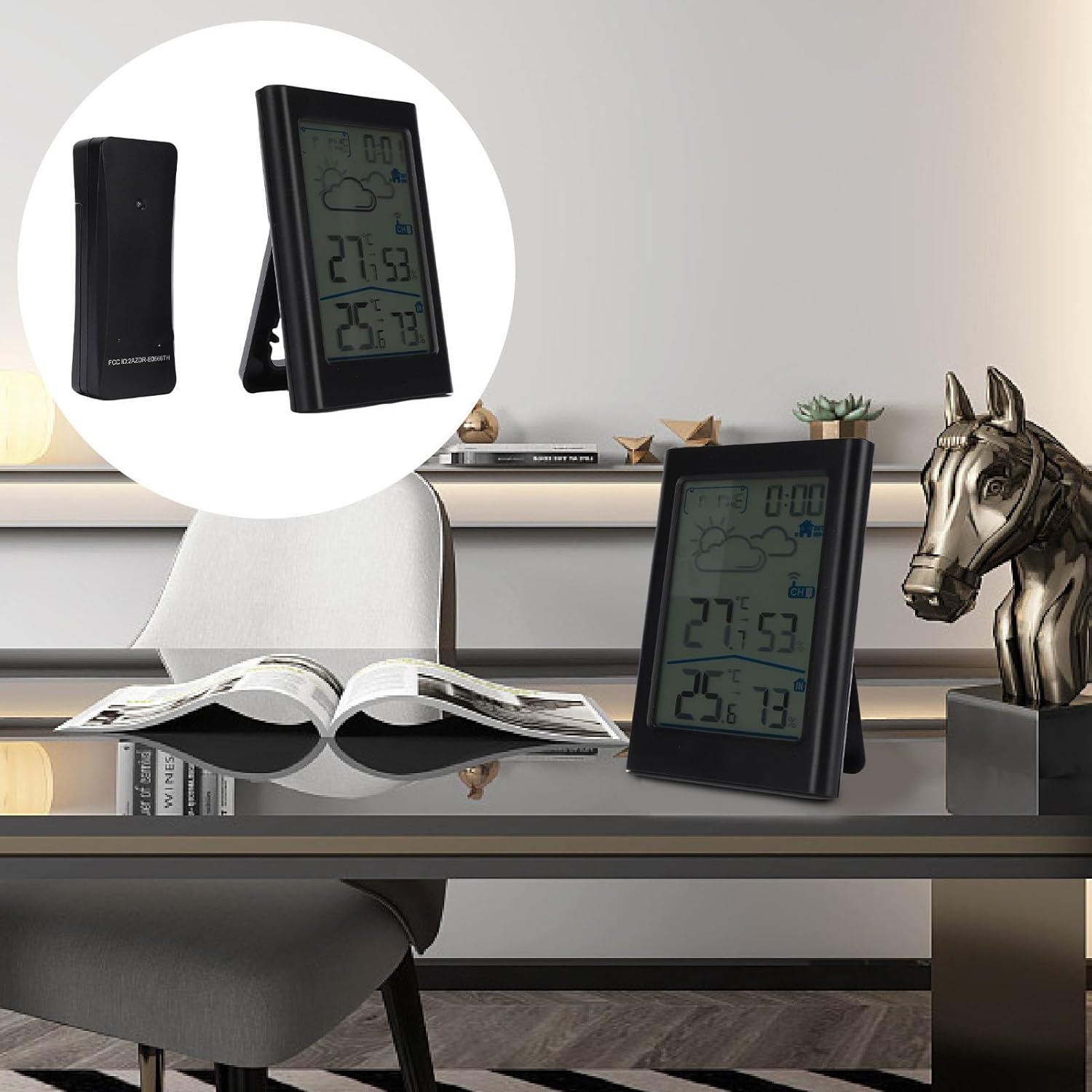 Zopsc Indoor Outdoor Digital Temperature Gauge, Digital Weather Thermometer with Wireless Alarm Clock Date for Outdoor Temperature and Daily High Low Records