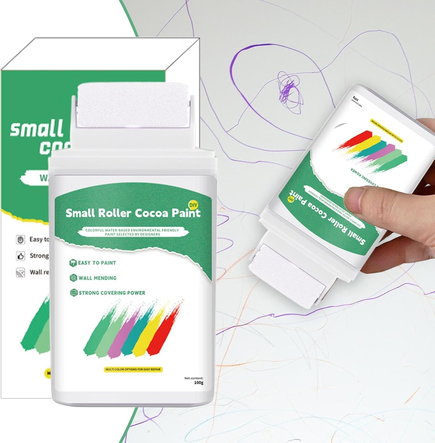 White Paint for Walls - Wall Repair Roller Paint White | White Touch up Paint Wall | 100G Wall Repair Rolling Brush | Fastt-Drying & Water-Based WHITE-WALL Paint Covers Graffitii & Stains, Diyy Home image number 6