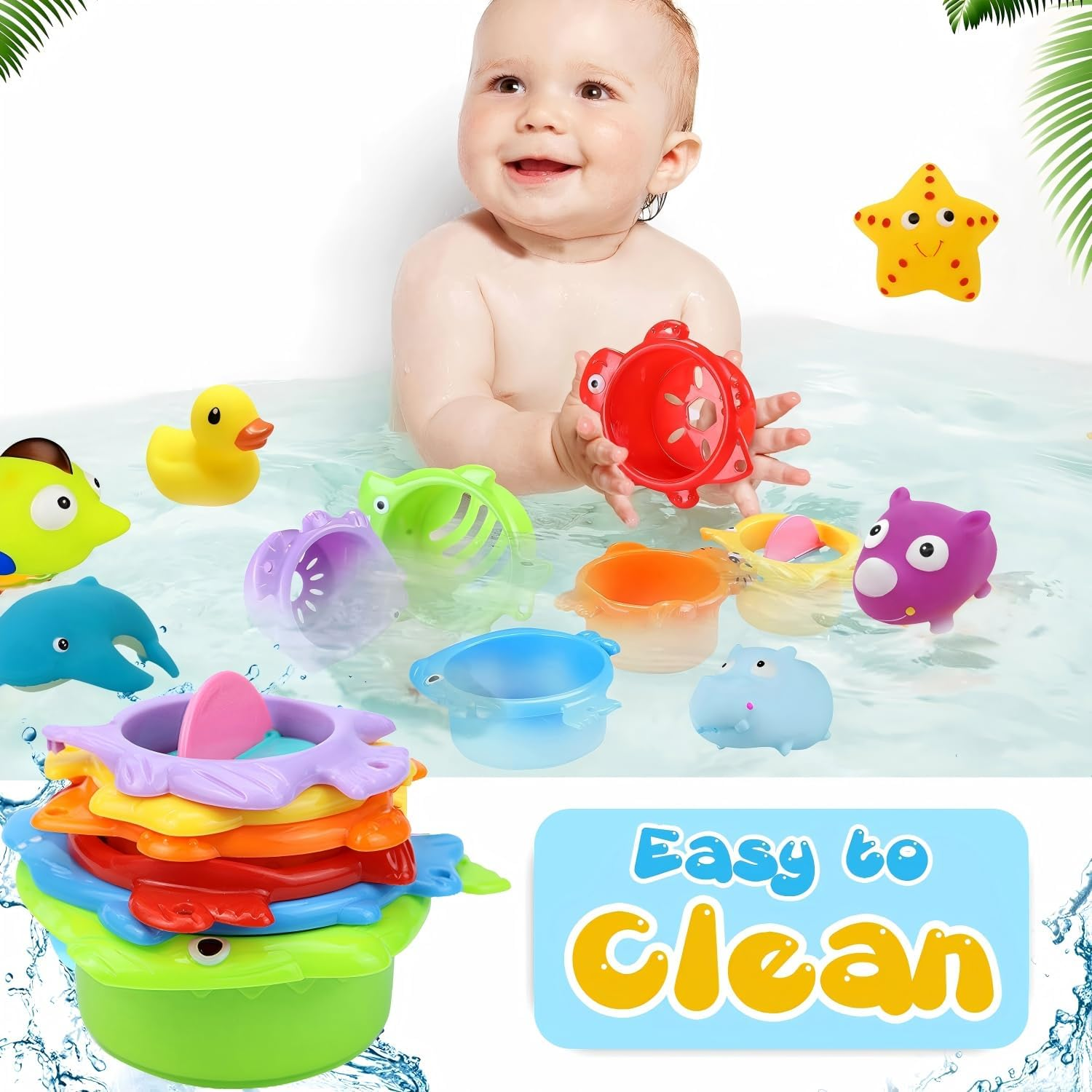 12Pcs Baby Bath Toys for Toddlers 1-3, Babies 6 9 12 18 Months Water Toys with Mold Free Stacking Cups, Kids Ocean Animal Bath Toys for Bathtub, Shower, Beach, Pool, Water Table, Infant Boy Girl Gifts image number 4