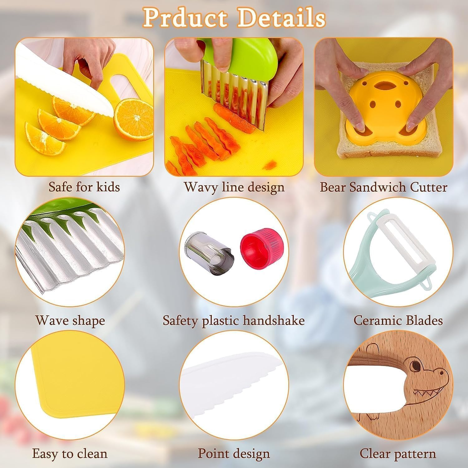 12 Pcs Kids Knife Set, Wooden Kids Kitchen Knives for Real Cooking, with Cutting Board, Serrated Edges Toddler Knife, Potato Slicer, Y Peeler, DIY Mold image number 6