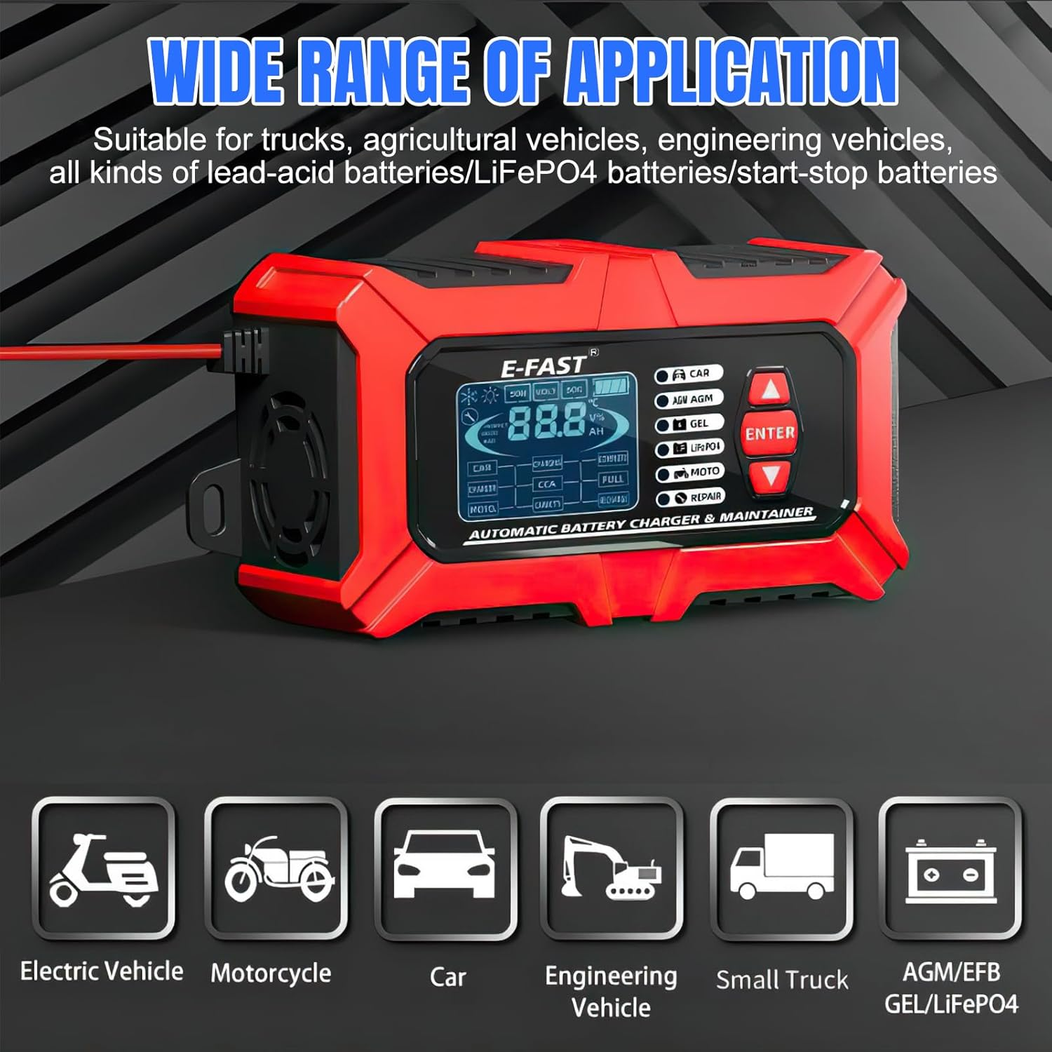 B-Qtech 12V/6A Smart Automatic Battery Charger with Tester/Maintainer Function, LCD Display for Car, Truck, Motorcycle, Lawn Mower, Boat, RV, SUV, ATV