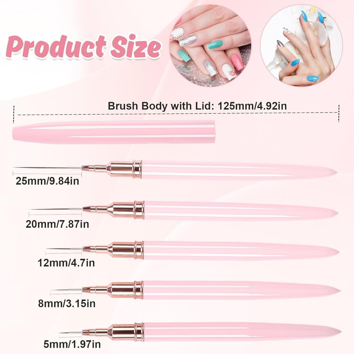5 Pcs Nail Art Liner Brushes, Nail Art Brush for Long Lines, Liner Brush UV Gel Polish Painting Nail Design Brush Metal Handle Nail Drawing Pens, Sizes 5/8/12/20/25Mm