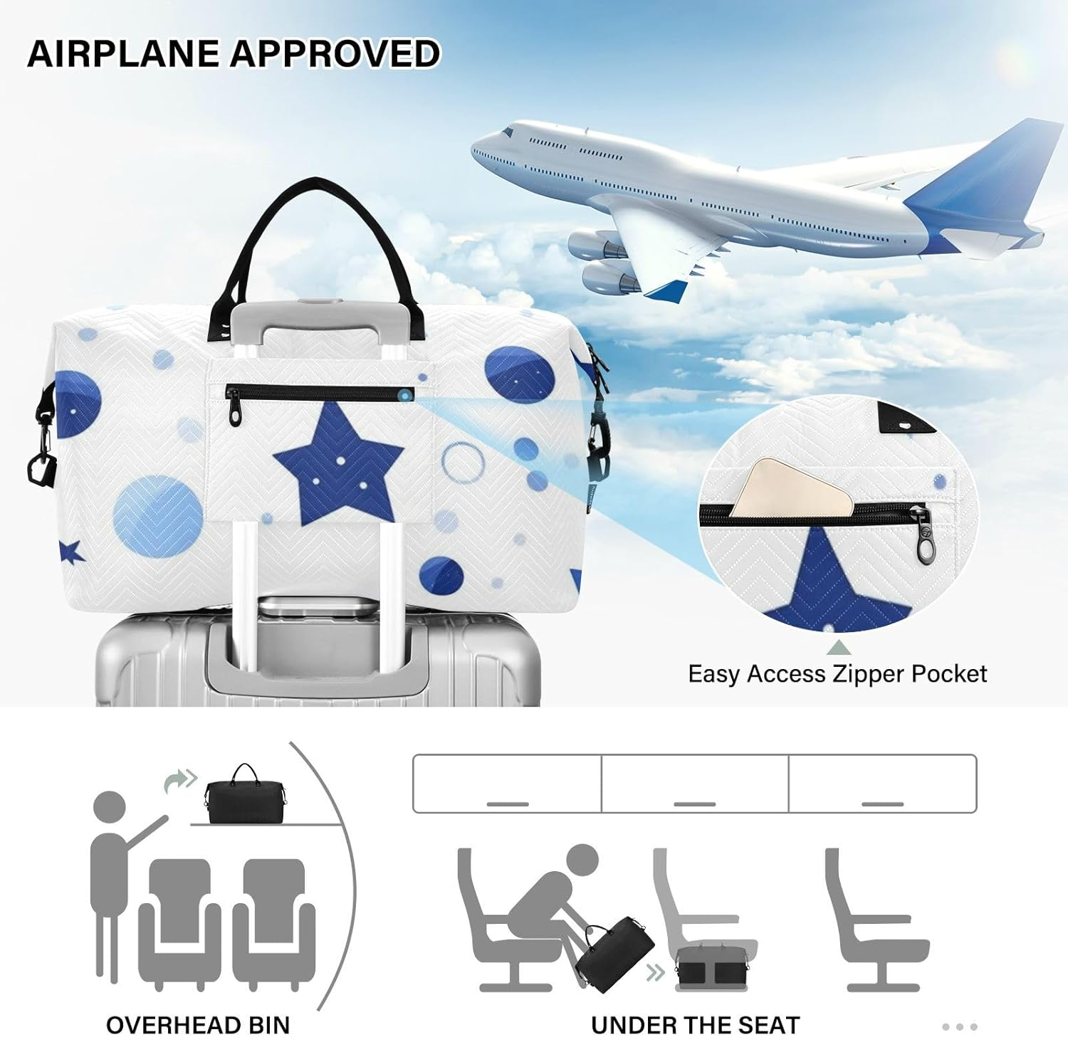 Blue Star Dots Travel Tote Bag Weekender Overnight Bag Workout Bag with Toiletry Bag for Hiking Waterproof, Blue Star Dots, 1 Size image number 3