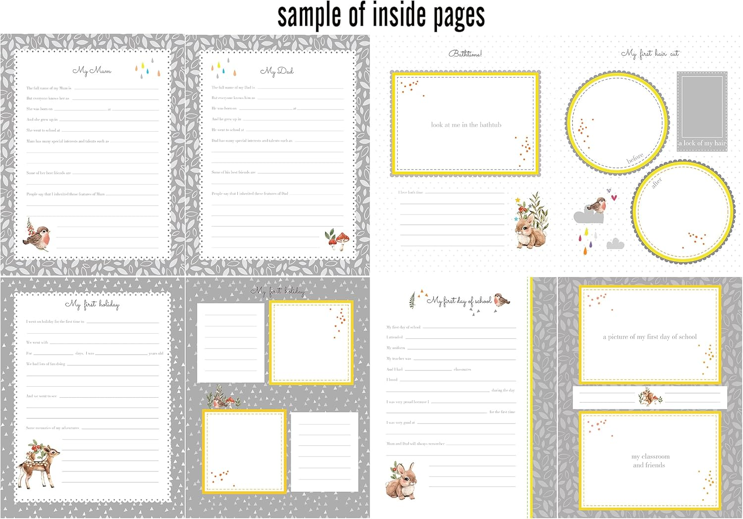 Holoary First 5 Years Baby Memory Book, 76 Colourful Illustrated Keepsake Journal Pages Record Book Album for Newborn Baby Boy or Baby Girl, Woodland Animals Design image number 5