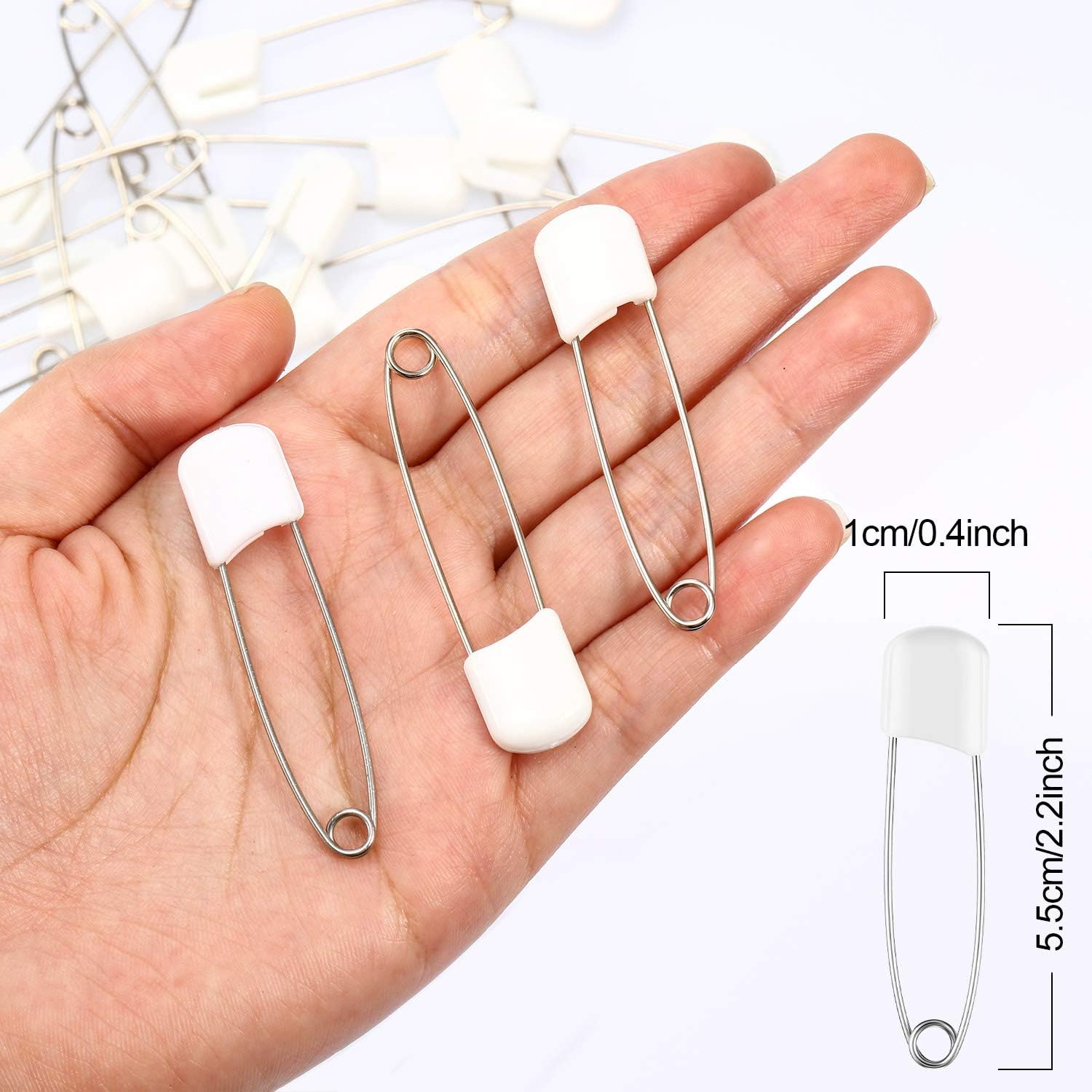 WILLBOND 50 Pieces White Baby Safety Pins, 2.2 Inch Plastic Head Cloth Diaper Pins with Locking Closures, Stainless Steel Nappy Pins with Velvet Bag image number 6