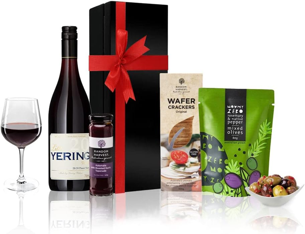 Luxury Yering Pinot Noir 750Ml & Gourmet Red Wine Hamper - Little Yering Pinot Noir, Mount Zero Mixed Olives, Valley Produce Wafer Crackers, Random Harvest Roasted Garlic Tapenade | Premium Red Wine Gift Basket Perfect for Celebrations and Wine Lovers image number 1