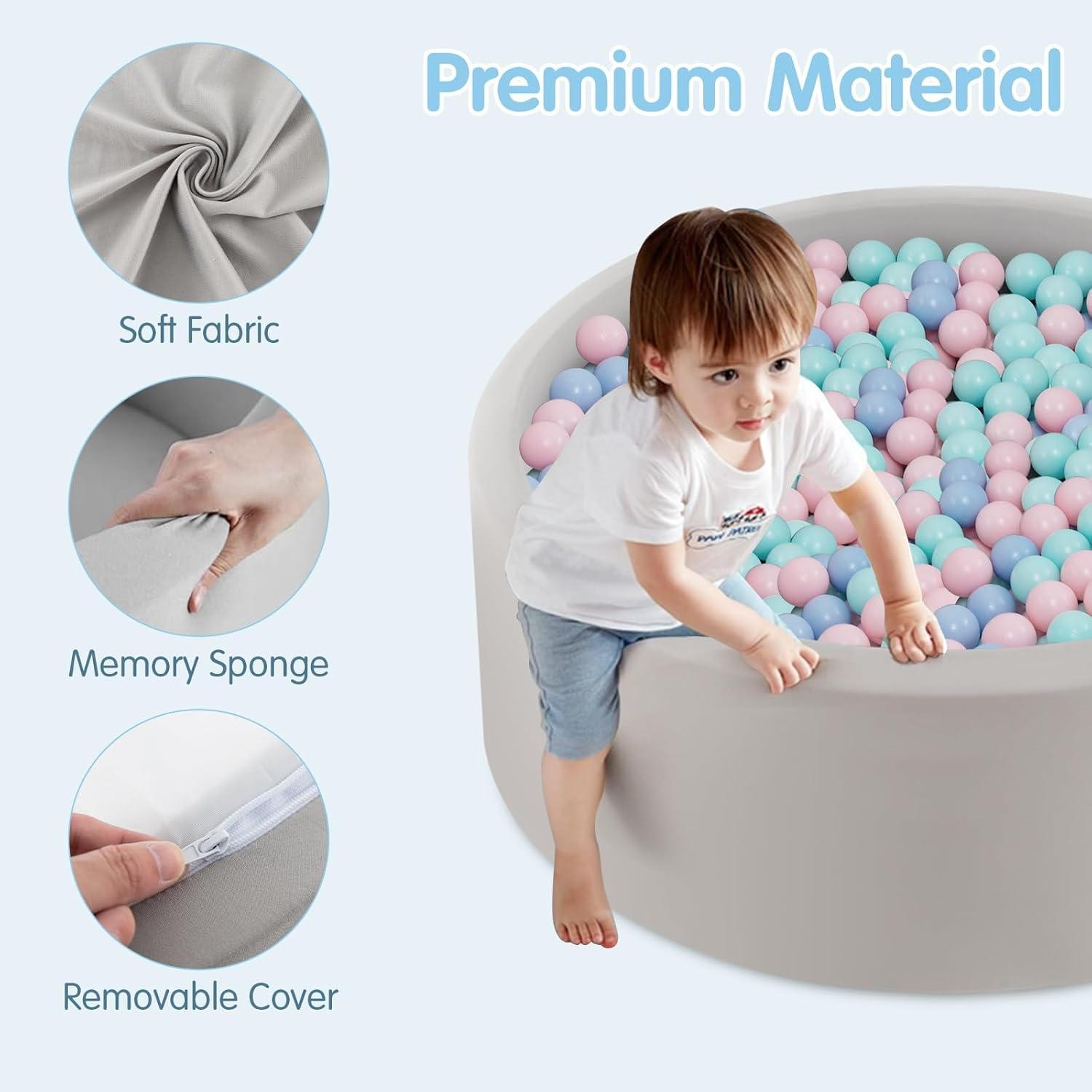 INFANS Foam Ball Pit for Toddlers with 200 Balls, 90X30Cm Large round Ball Pool Playpen with Soft Memory Sponge Pad, BPA Free Kids Babies Indoor Outdoor (Gray) image number 5