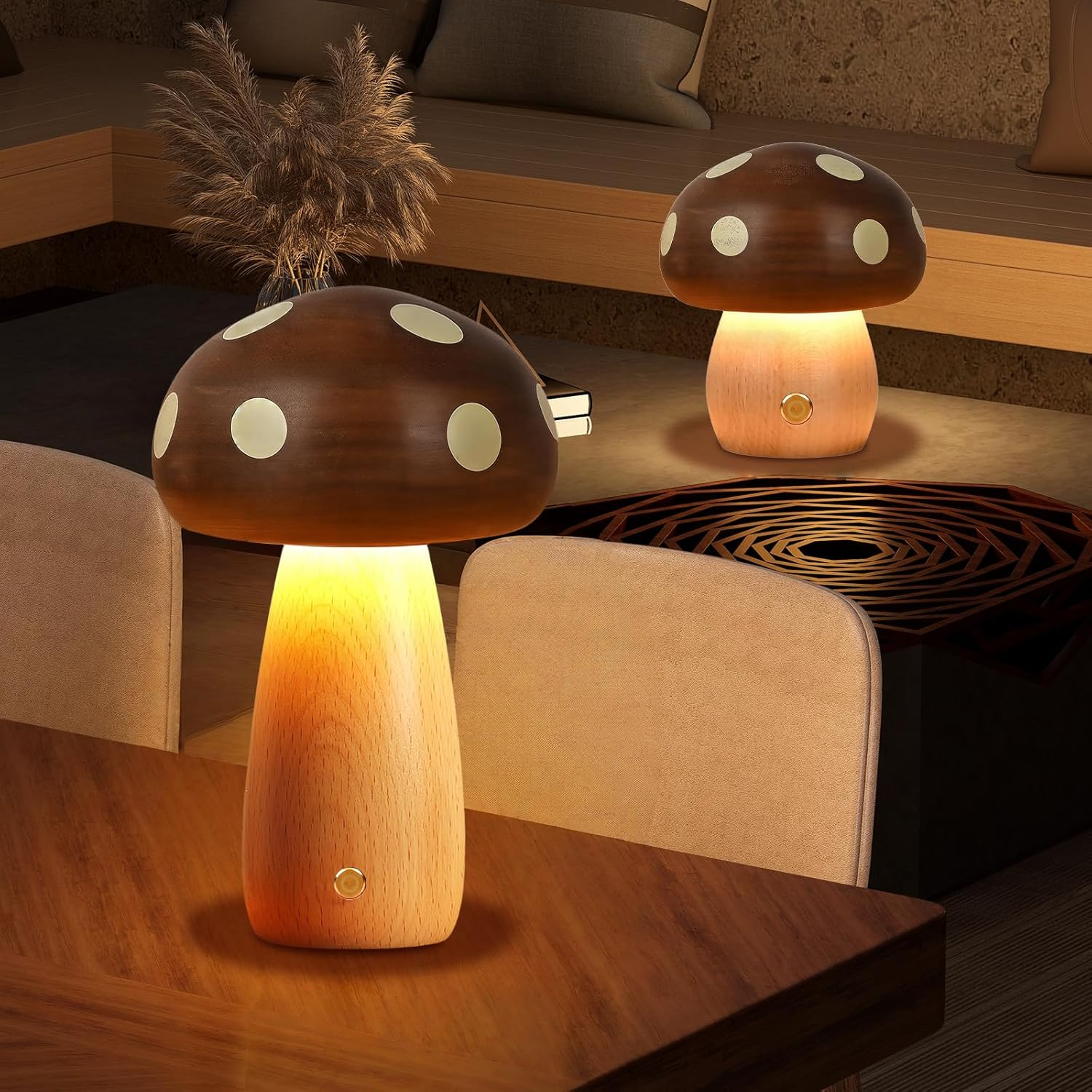 RUIOMII Touch Cordless Mushroom Lamp,5 Levels Brightness Small Wood Mushroom Night Light for Bedside Bedroom Home Include USB-C Port Charging Cable image number 1