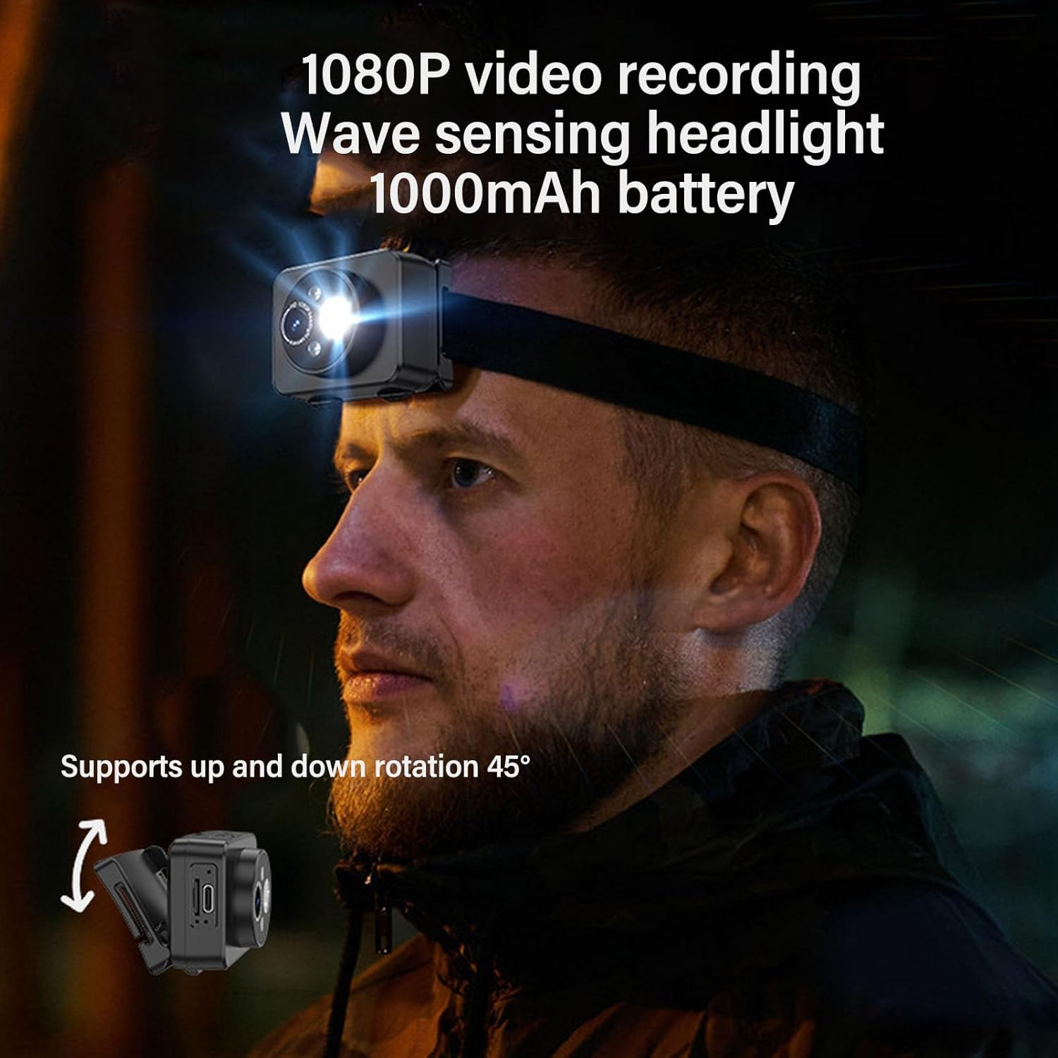 LICAEVEY Mini Head-Mounted Action Camera, 1080P 45 Deg Adjustment Smart Sensing with LED Headlamp Sport Camera for Outdoor Sports Traveling image number 1