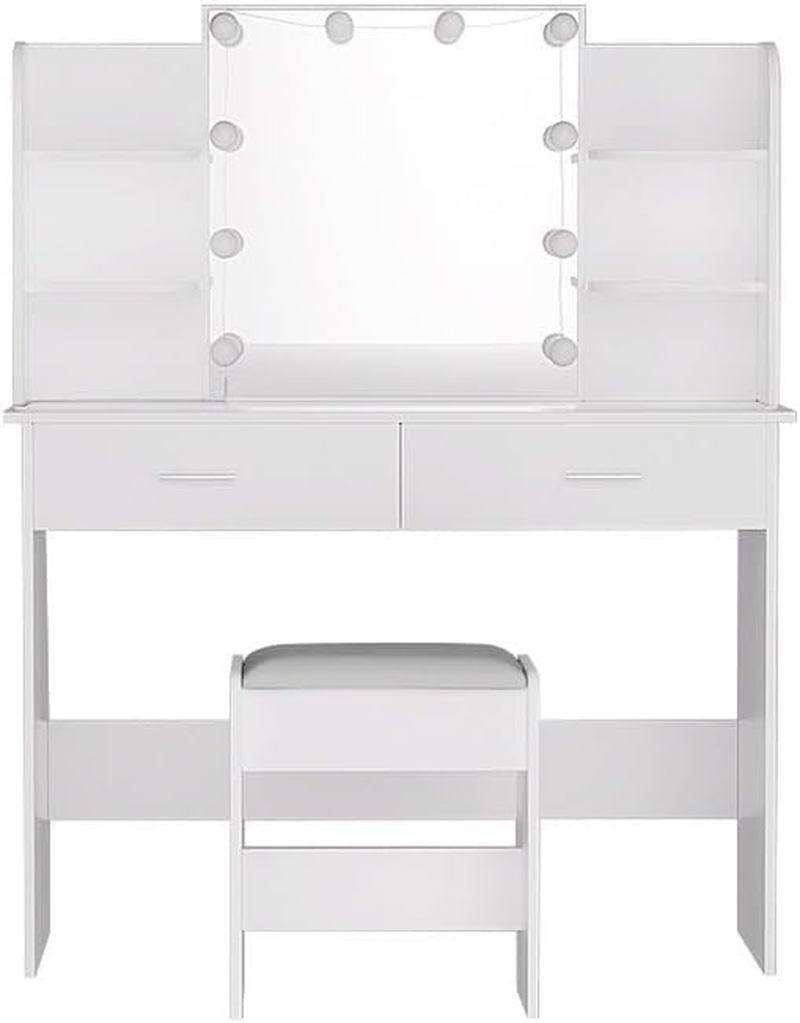 Artiss Dressing Table, Dressing Table with Mirror Lights 10 Bulbs LED Mirror Makeup Stool Set Wooden Vanity Desk Chair, Home Bedroom Furniture Girls Women Organisers, Drawers Shelves Tabletop White image number 6