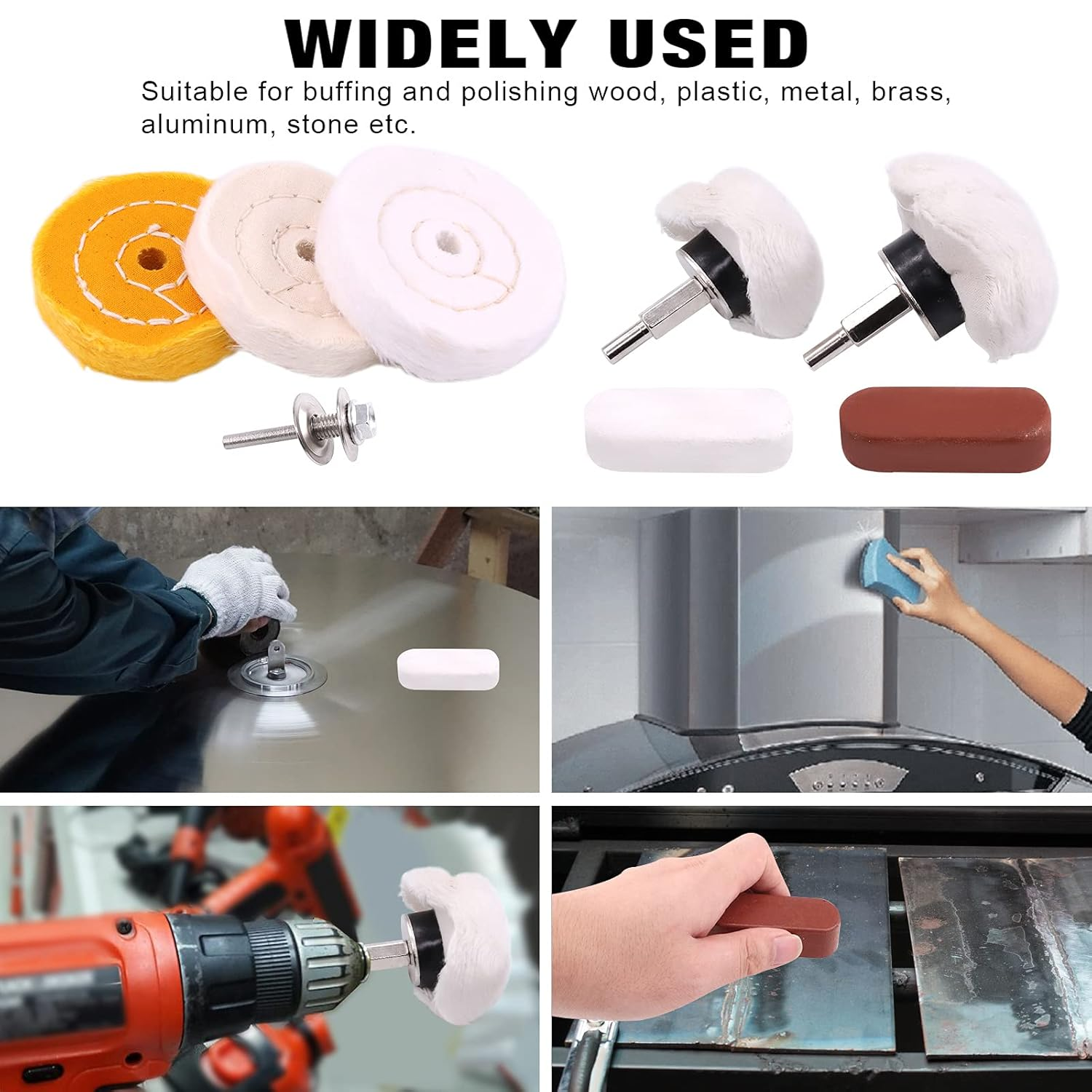 Mardatt 8 Pcs 3'' Buffing Polishing Wheels Set Including Yellow (36 Ply)/White(50 Ply)/ Flannel(30 Ply)/Mushroom Shaped Wheel with 3/8" Arbor Hole, Polish Compound and 1/4&rsquo;&rsquo; Mandrel for Drill image number 6