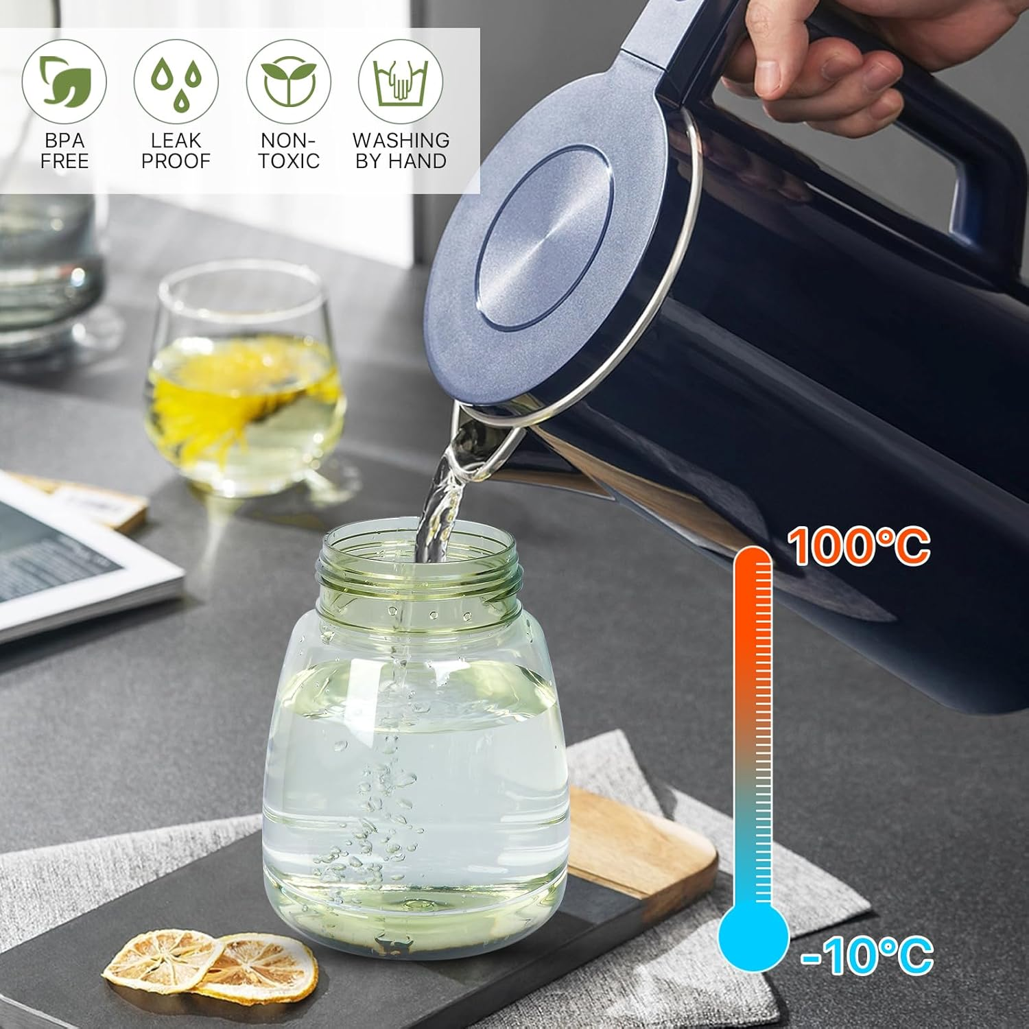 YOBOKO 1.1L Large Water Bottle Lovely Wide Mouth Drink Bottle with Handle Leak Proof Big Bottle with Straw and Adjustable Strap for Camping Cycling Gym Sports 1 PC (Purple) - Green image number 5