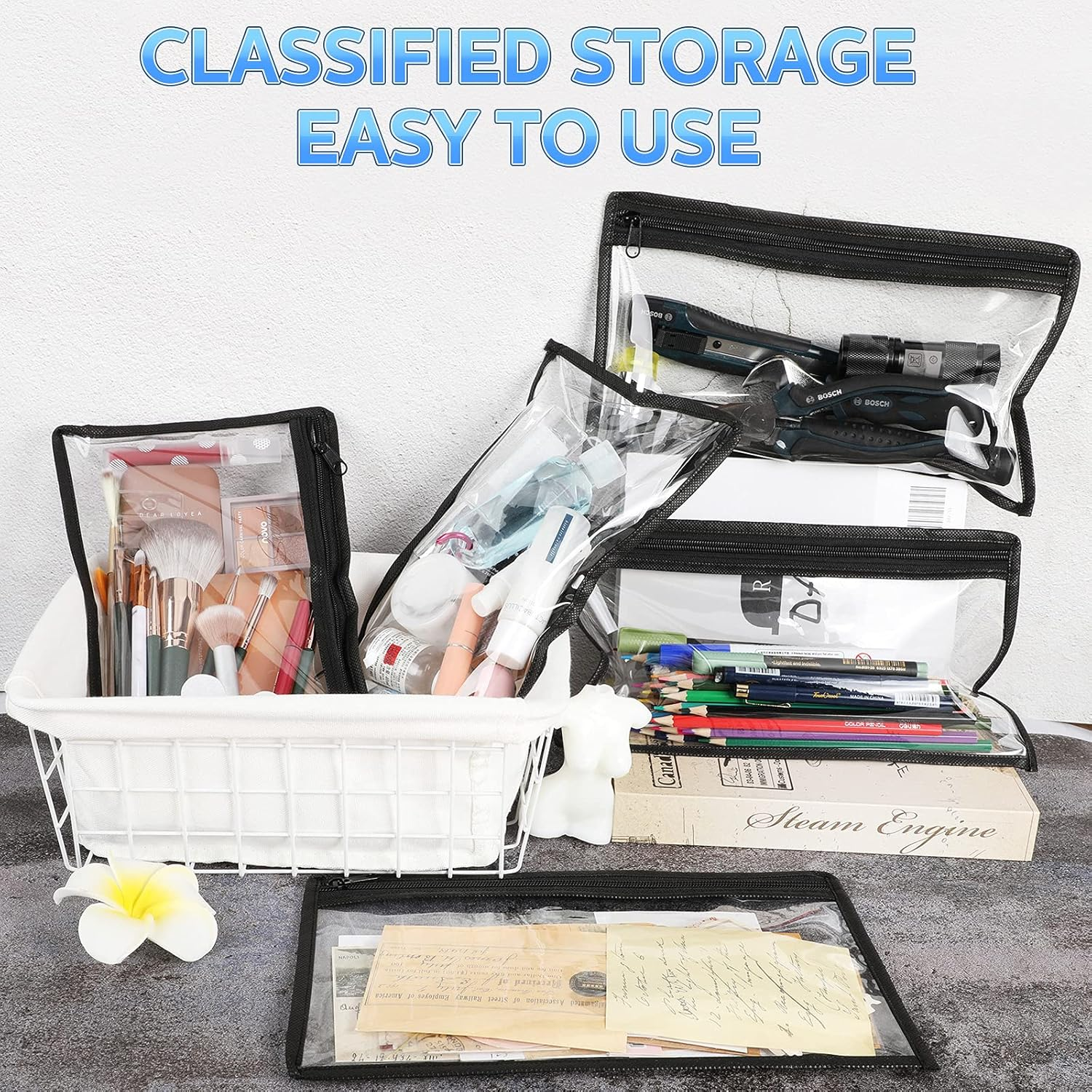 8 Pieces Clear Zipper Pouches Pencil Pouches PVC Makeup Pouch Envelopes Folder Storage Multi Purpose Pouch Document File Organization Bags, Office Supplies (Black Edging, 11.5 X 7 Inches) image number 4