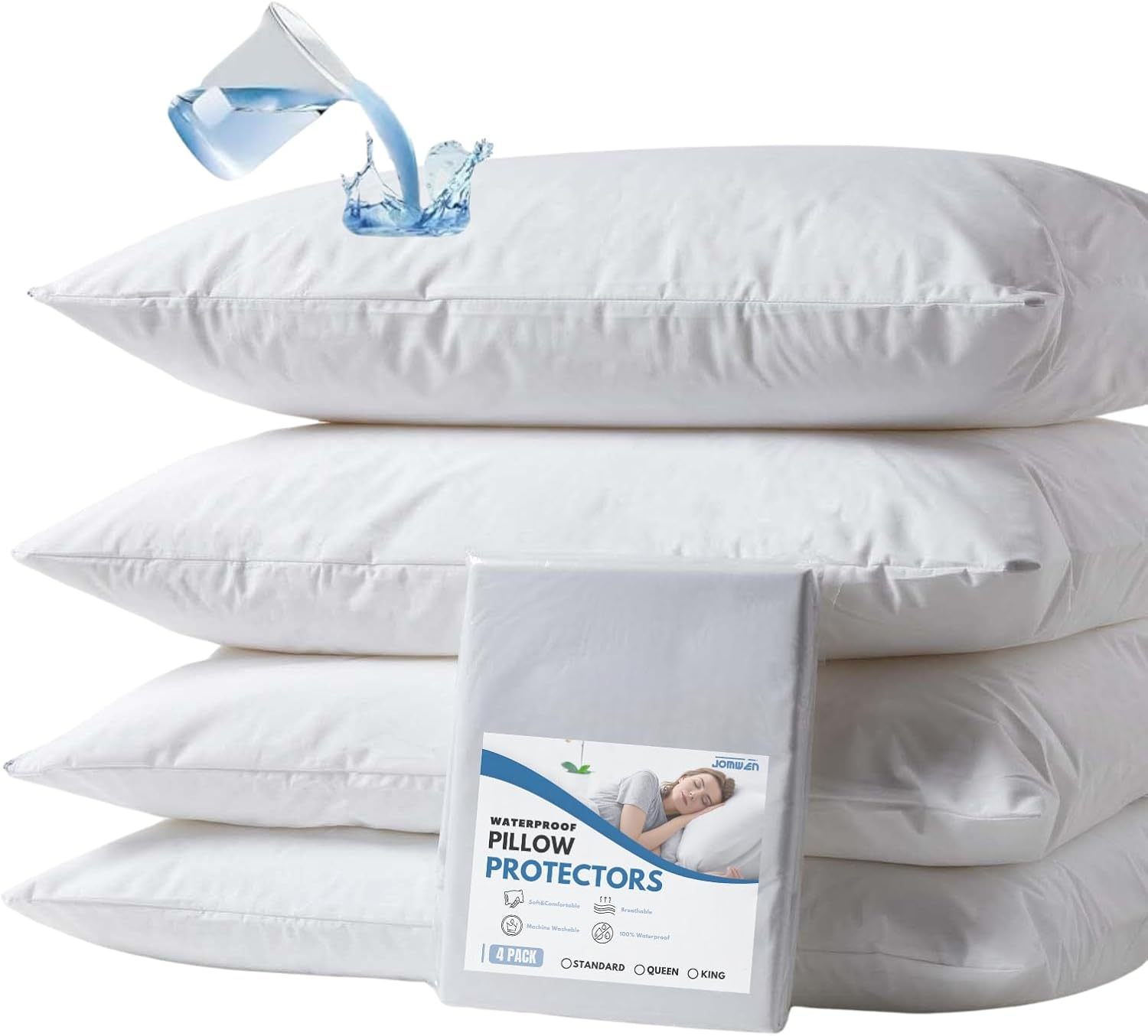 Set of 2 Waterproof Pillow Protectors (50 X 75 Cm), Zippered Pillowcases, Standard/Queen Size, JOMWEN anti Bed Bug and Dust Mite Encasement, White image number 3