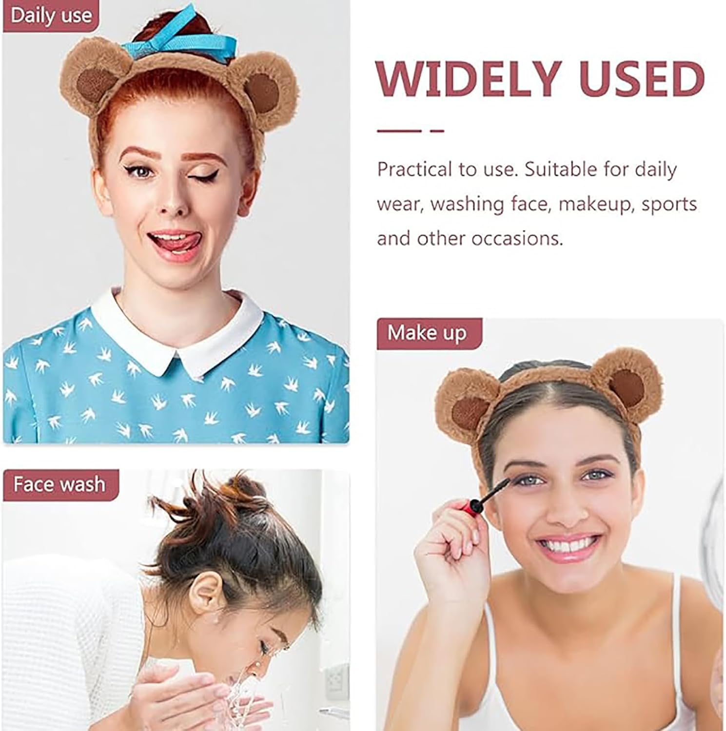 Forreen Bear Ears Headband, Pack of 3, Bear Ears, Headband, Cartoon, Cute Bear Ears, Hairband, Fashion, Soft, Comfortable Headbands for Make-Up, Washing, Face, Cosplay, Party