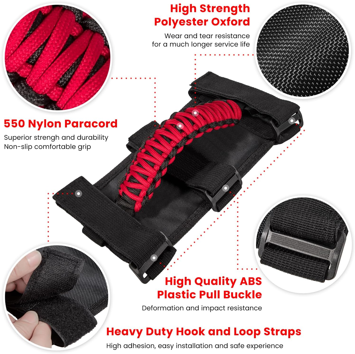 4 X Roll Bar Grab Handles Grip Handle for Jeep Wrangler JK JKU JL JLU TJ YJ Sports Sahara Freedom Rubicon Unlimited Gladiator JT 1955-2023 UTV ATV Premium 550 Paracord Interior Accessories (Red) - Green image number 7