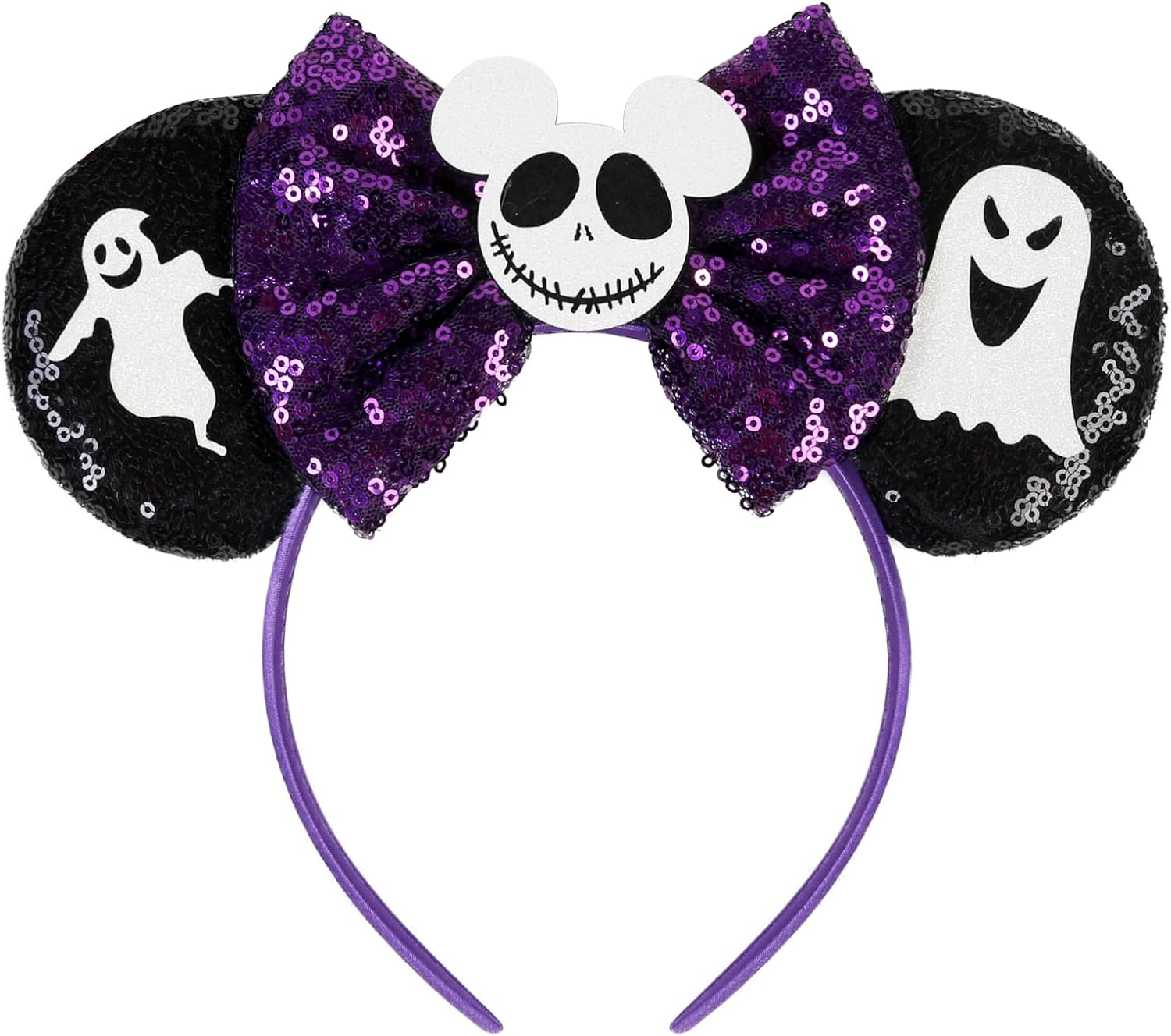 WOVOWOVO Halloween Maleficent Horns Ears Headband for Women Girls, Sequin Mouse Ears Head Band with Flame Purple Bow Decoration Hairband Party Princess Cosplay Hair Accessories Costume