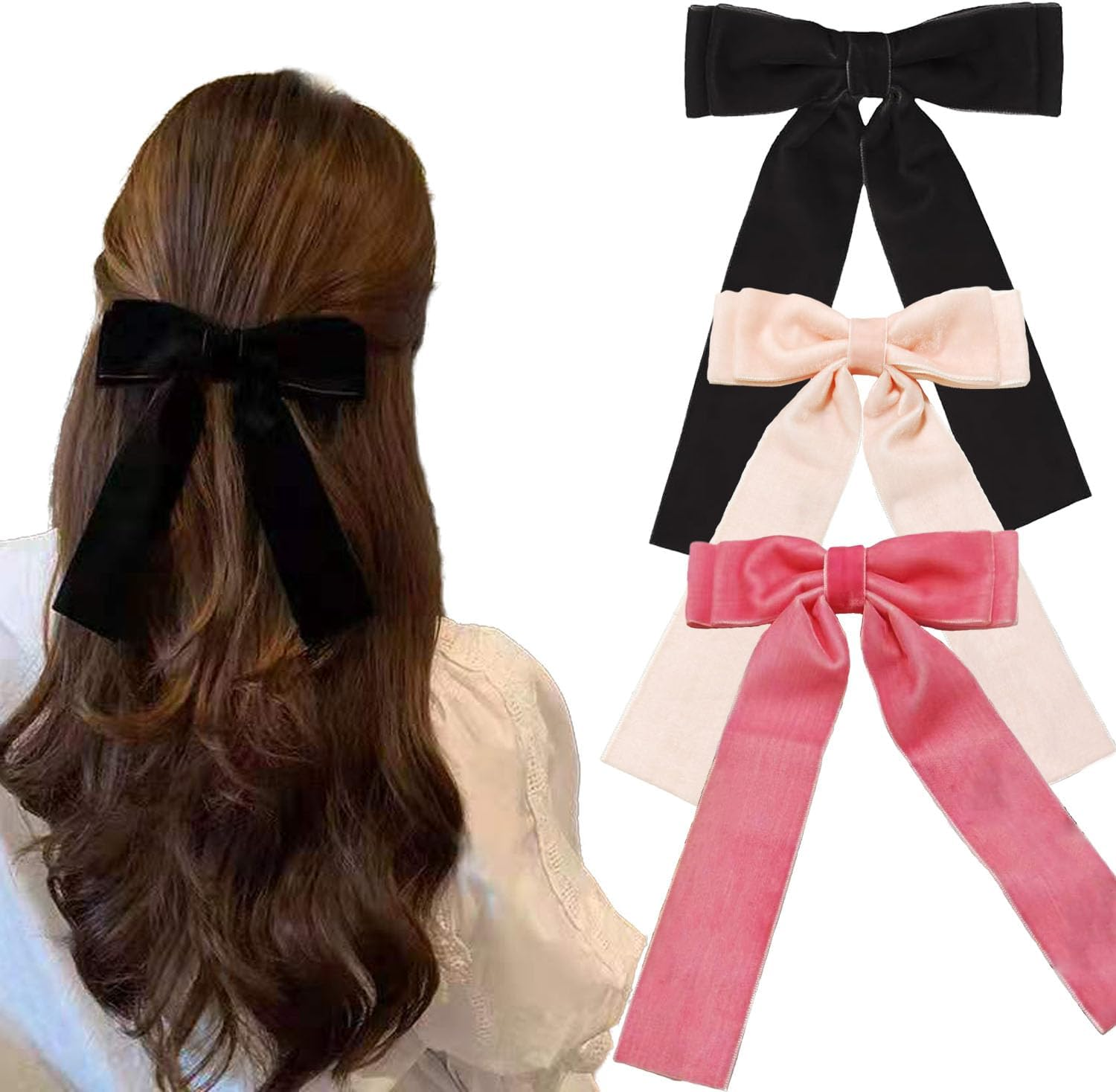 3 Pcs Velvet & Satin Bow Hair Clips Set - Large Vintage French Hairpins for Women & Girls - Handmade Ribbon Bowknot Clips, Perfect for Everyday & Special Occasions image number 1