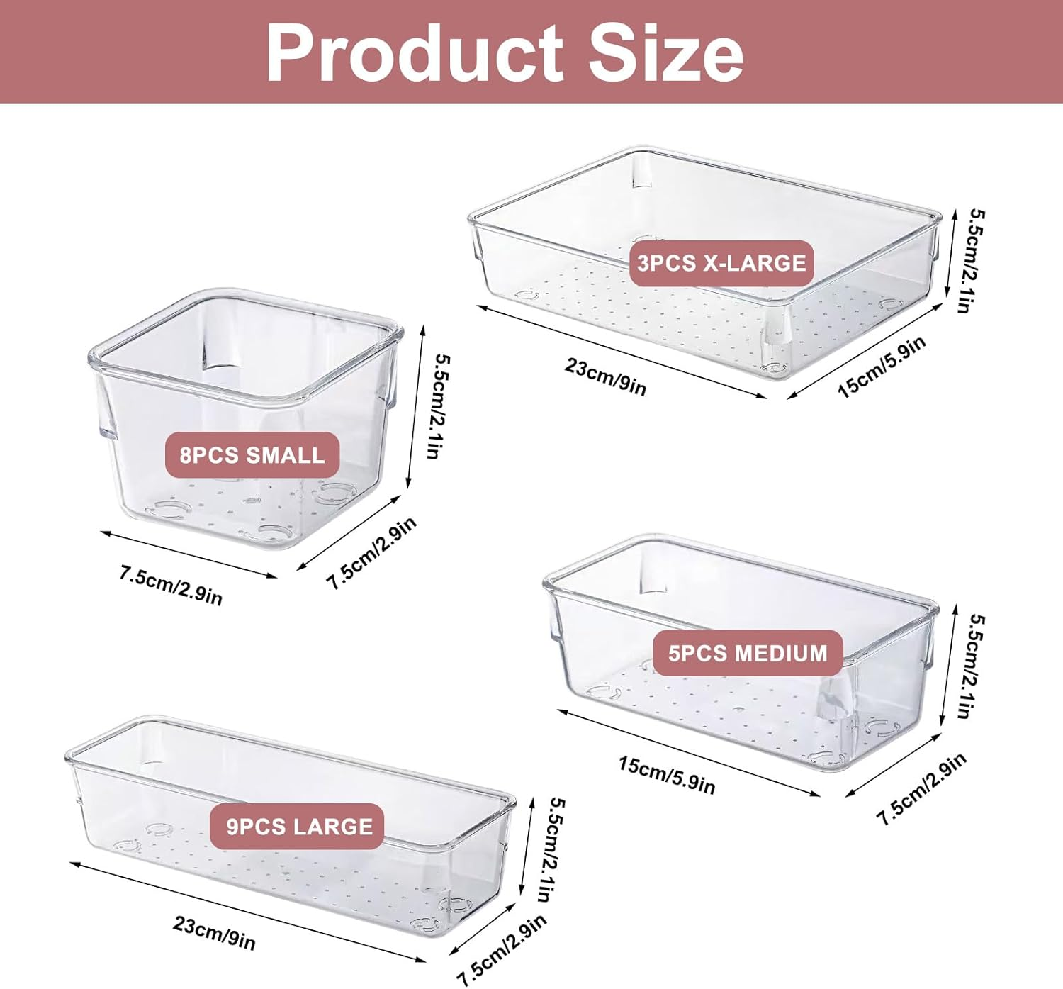 Clear Plastic Drawer Organizers Set, 4-Size Versatile Bathroom and Vanity Organizer Trays, Non-Slip Storage Containers for Makeup, Jewelries, Bedroom, Kitchen Utensils and Office（25Pcs） image number 5