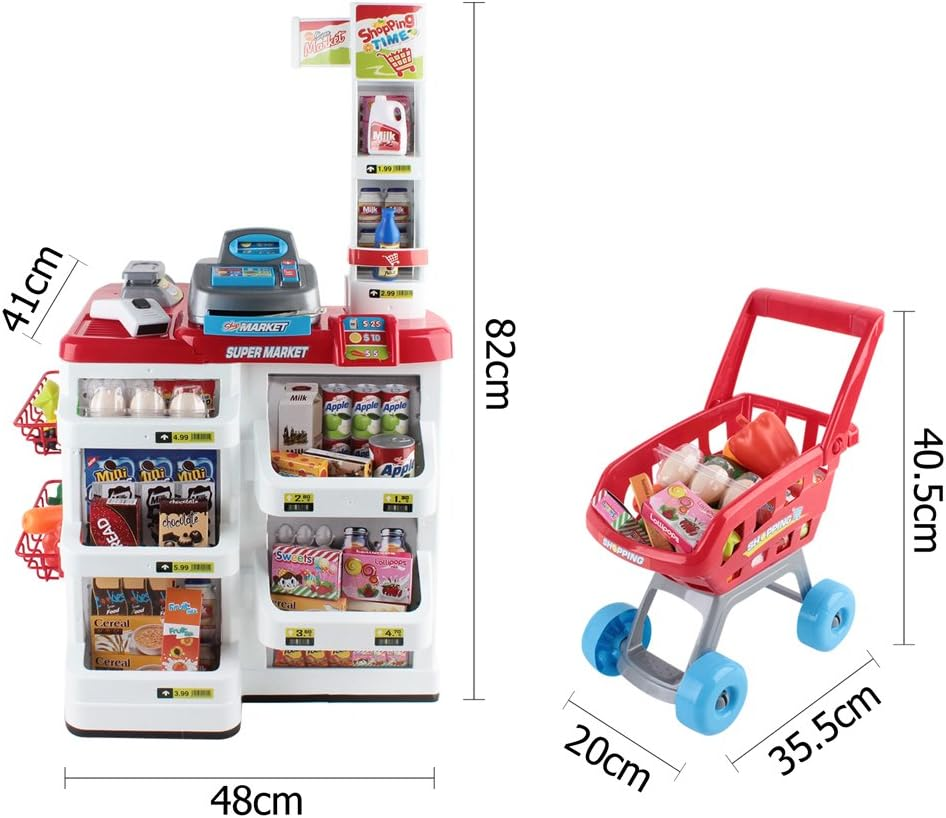 Keezi Kids Pretend Play Set, 24Pcs Supermarket Playset Shopping Trolley Cash Register Toy Battery for Friends Family with Lighting and Sound Features, Children Cubby House Toys Outdoor Plays Red White image number 6