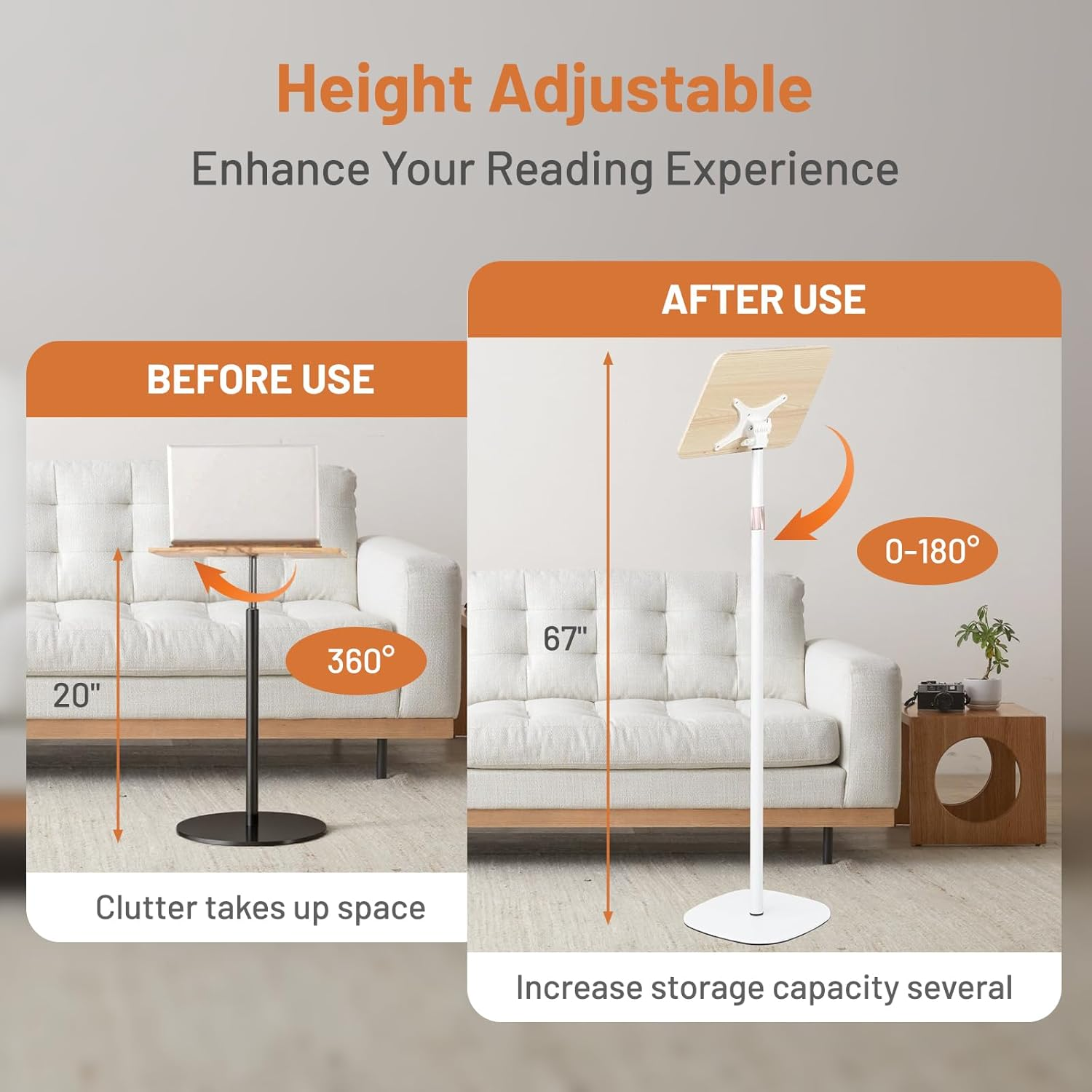 Uandhome Adjustable Book Stand for Reading (50-170CM),180&deg; Rotating Hands,Free Folding Flexible Book Holder with Page Clip for Quran,Cookbooks,Magazines,Textbook,Laptop(Walnut&Black) (Wood&White) - Woodwhite image number 6