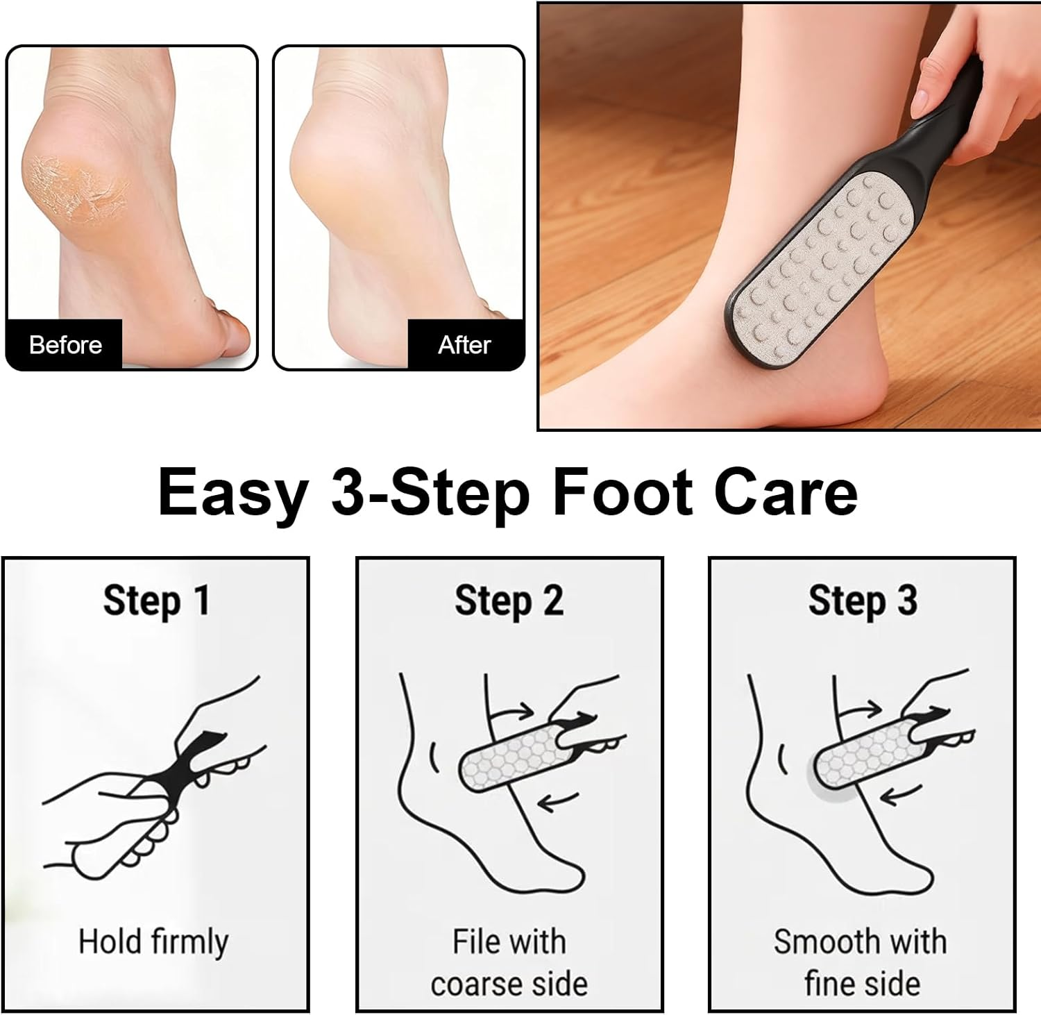 Tzylomirx Double-Sided Foot File Foot Scrubber, Smooth Feet Remover Tool for Callus, Dead Skin, Pedicure Tools for Feet, Heel Scraper for Cracked Heels, Professional Pedicure Kit for Home Use (Black) image number 3