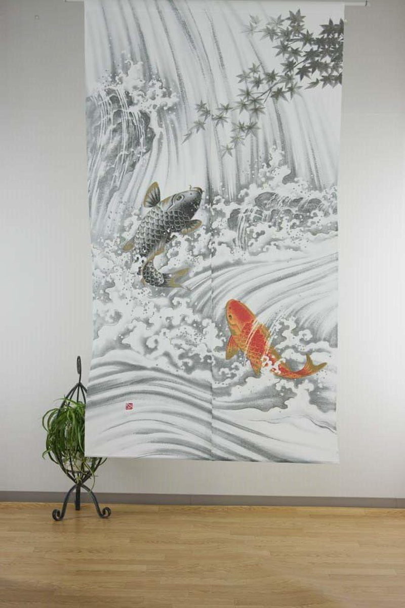 Made in Japan Noren Curtain Tapestry Carp Swimming up a Waterfall image number 2