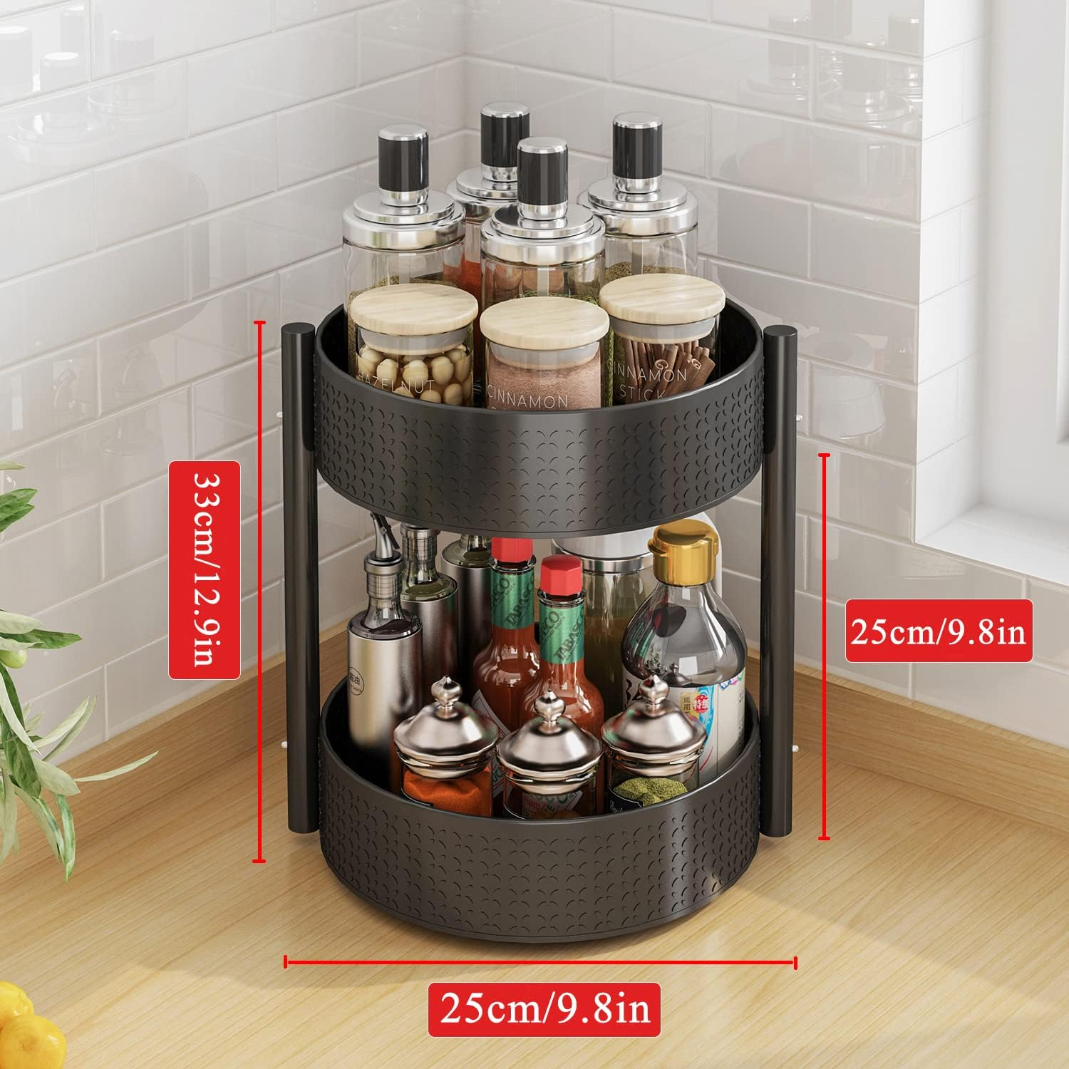 Yunnasi Rotating Spice Rack Detachable Spinning Spice Rack Carbon Steel Turntable Condiment Holder Revolving Kitchen Counter Shelf for Spice Jars and Spice Bottles (2 Tiers) image number 2
