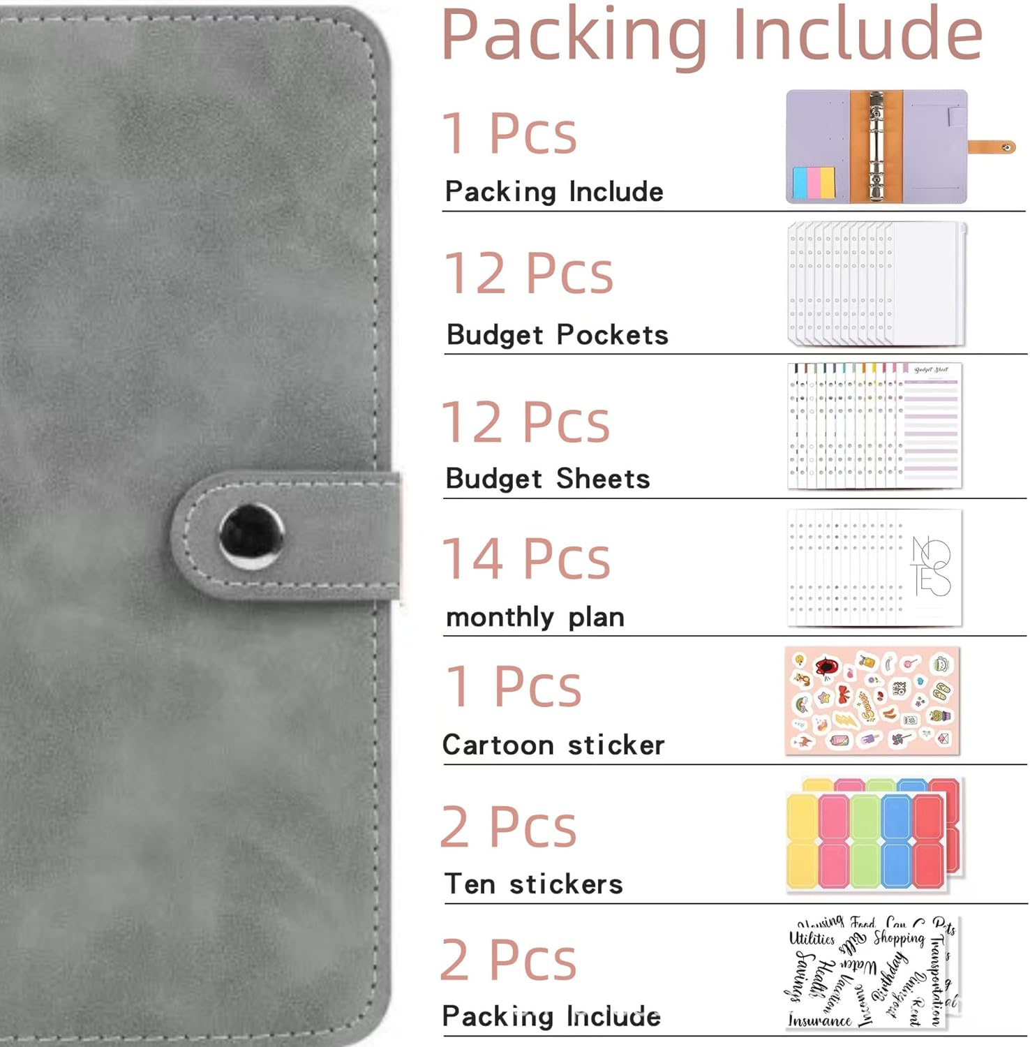Budget Binder System with Cash Envelopes for Budgeting, Suitable for All Standard A6 Size Money Saving Binder Organizer for Cash，Card，Coupons with Zipper Pockets and Budget Sheets (Gray) image number 3