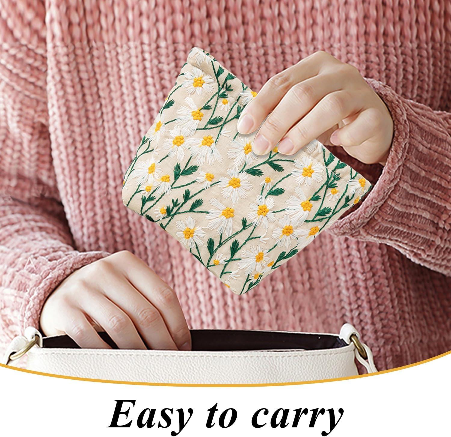 ATBUSS Pack of 3 Bags, 3 Keychains, Large Capacity Canvas Bags, Flower Shaped Clutches, Beauty Storage Bags, Fresh Daisy Pendants, Gifts for Friends image number 5