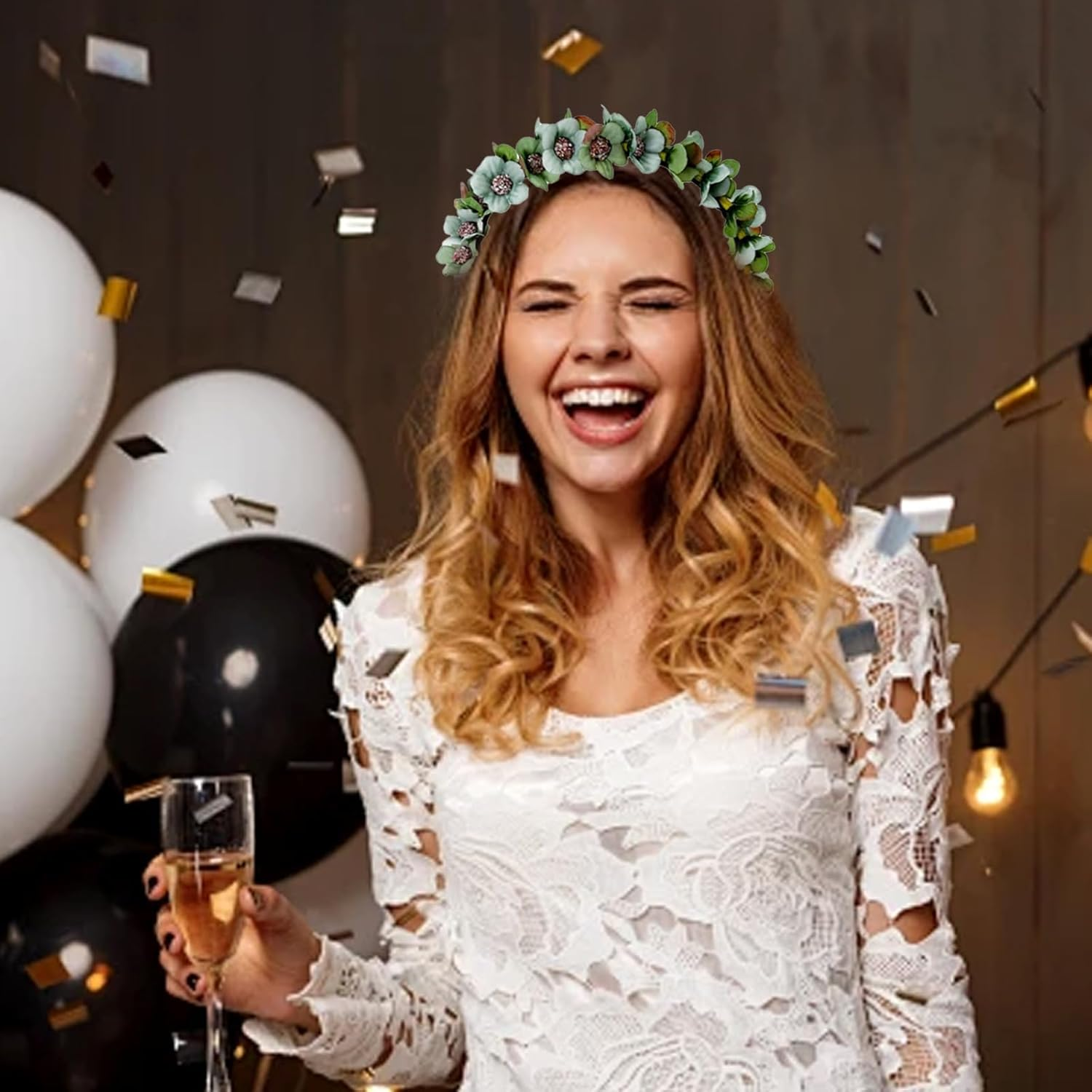 BSITSSS 2 PCS Floral Crown Flower Headband for Women Girls, Flower Crown Headband Crown Boho Floral Headpiece, Flower Garland Flower Hair Band Wreath Party Festival Hair Accessories (Pink, Green) image number 6