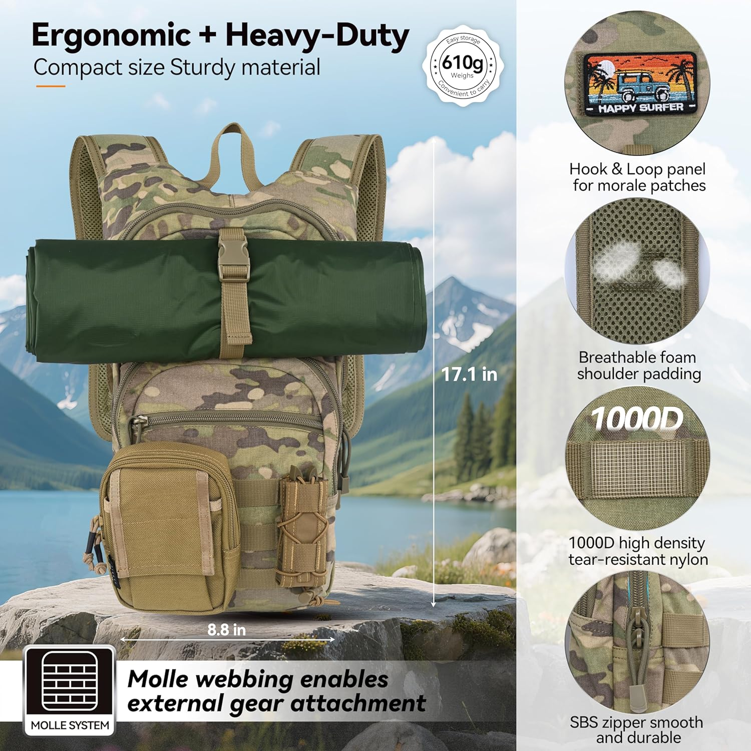 MARCHWAY Tactical Molle Hydration Pack with 2.5L TPU Water Bladder, Military Backpack for Hiking, Cycling, Backpacking, Running, Hunting image number 4