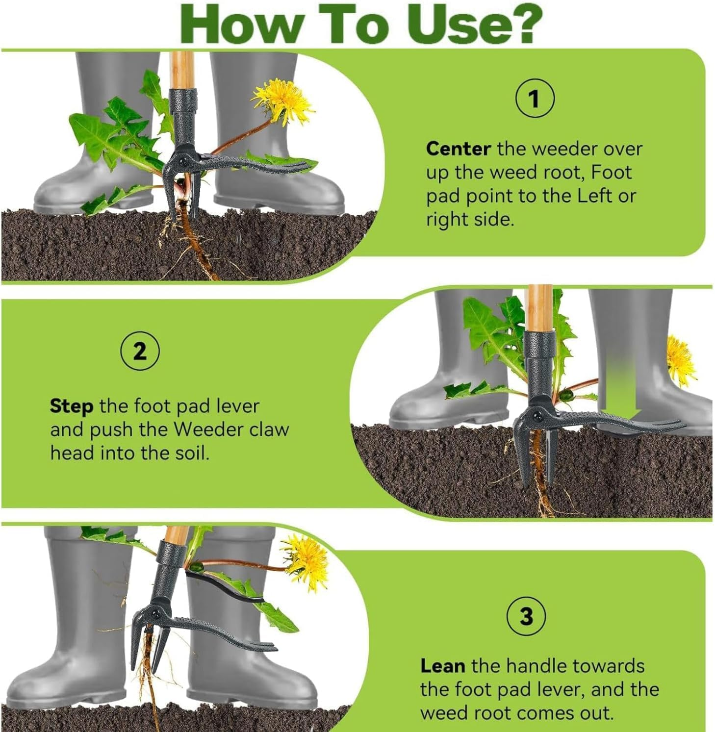 Stand up Weed Puller Tool with 48" Handle - Dandelion & Weed Remover for Garden - Ergonomic Root Puller - Back Saving Gardening Tool for Lawns & Yards image number 6