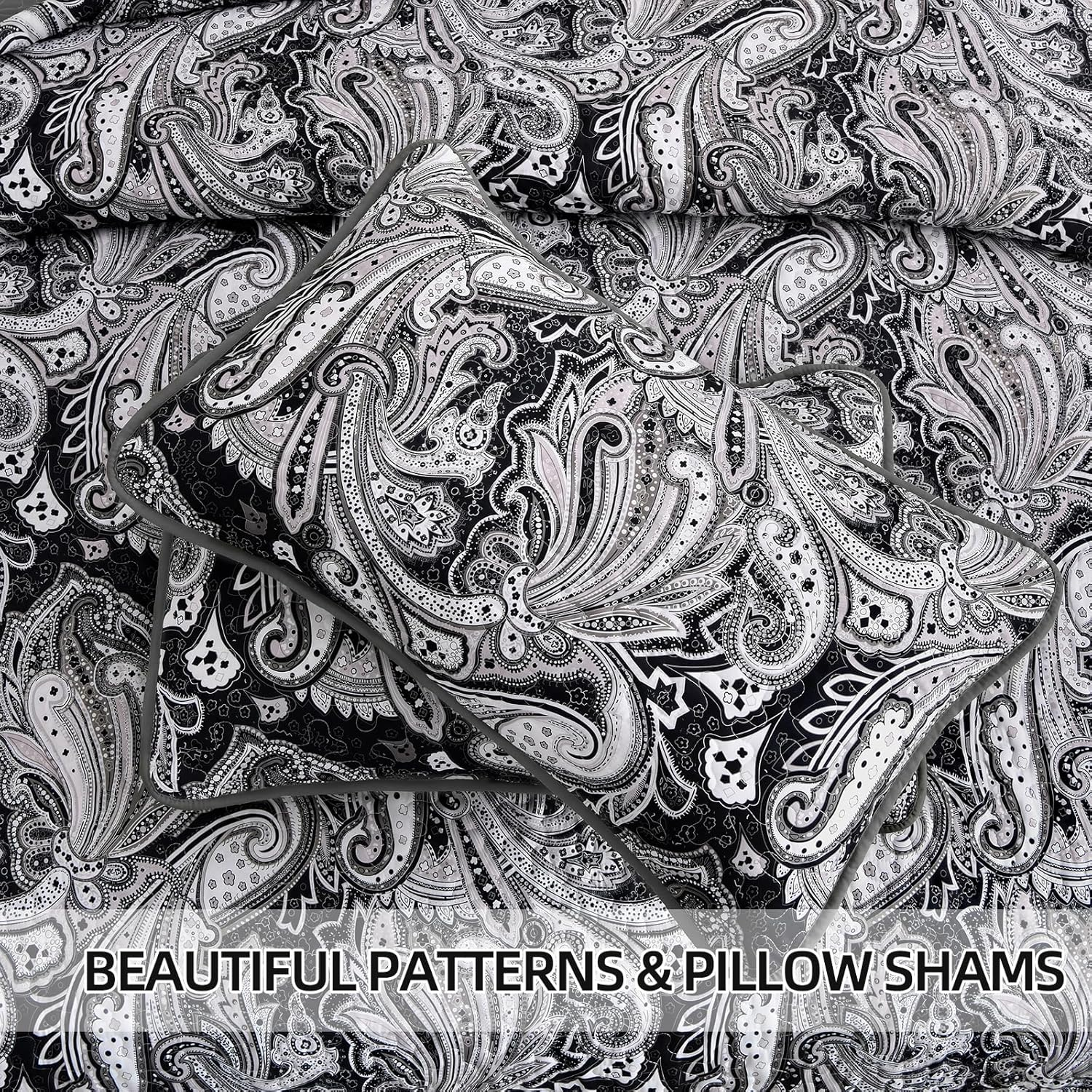 Black Paisley Quilt Set Queen Size Boho Bedspread Coverlet Set 3 Pieces, Soft Lightweight Black and Gray Paisley Floral Pattern Bedding for All Season, 96''X90'' image number 4
