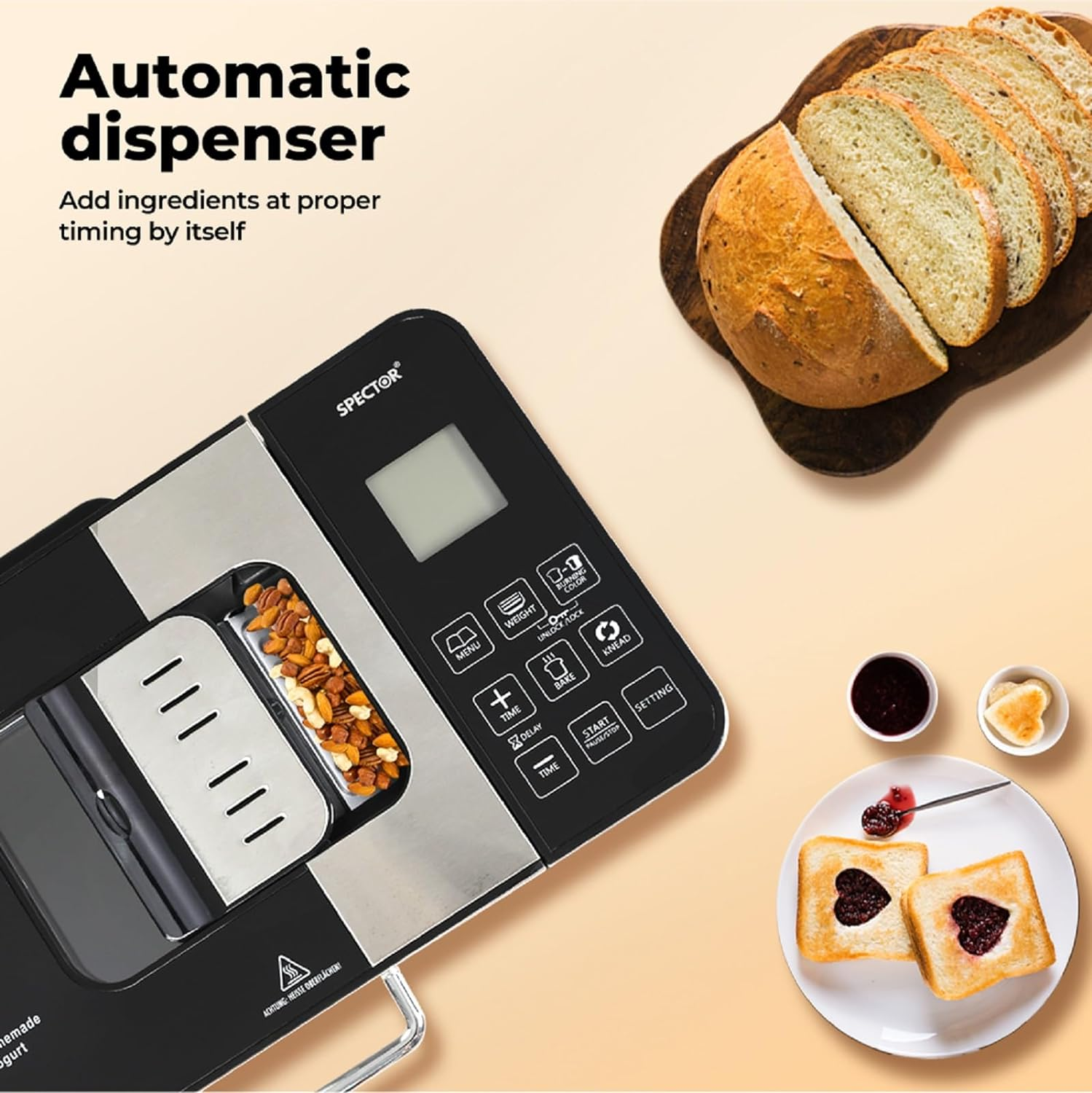 Spector Automatic 2L Bread Maker, Non Stick Healthy Mixer with Bread Bucket & Touch Panel,17 Programs Including Gluten-Free Artisan Kneading, 3 Loaf Sizes 3 Crust Colors, Reserve & Keep Warm Set image number 3